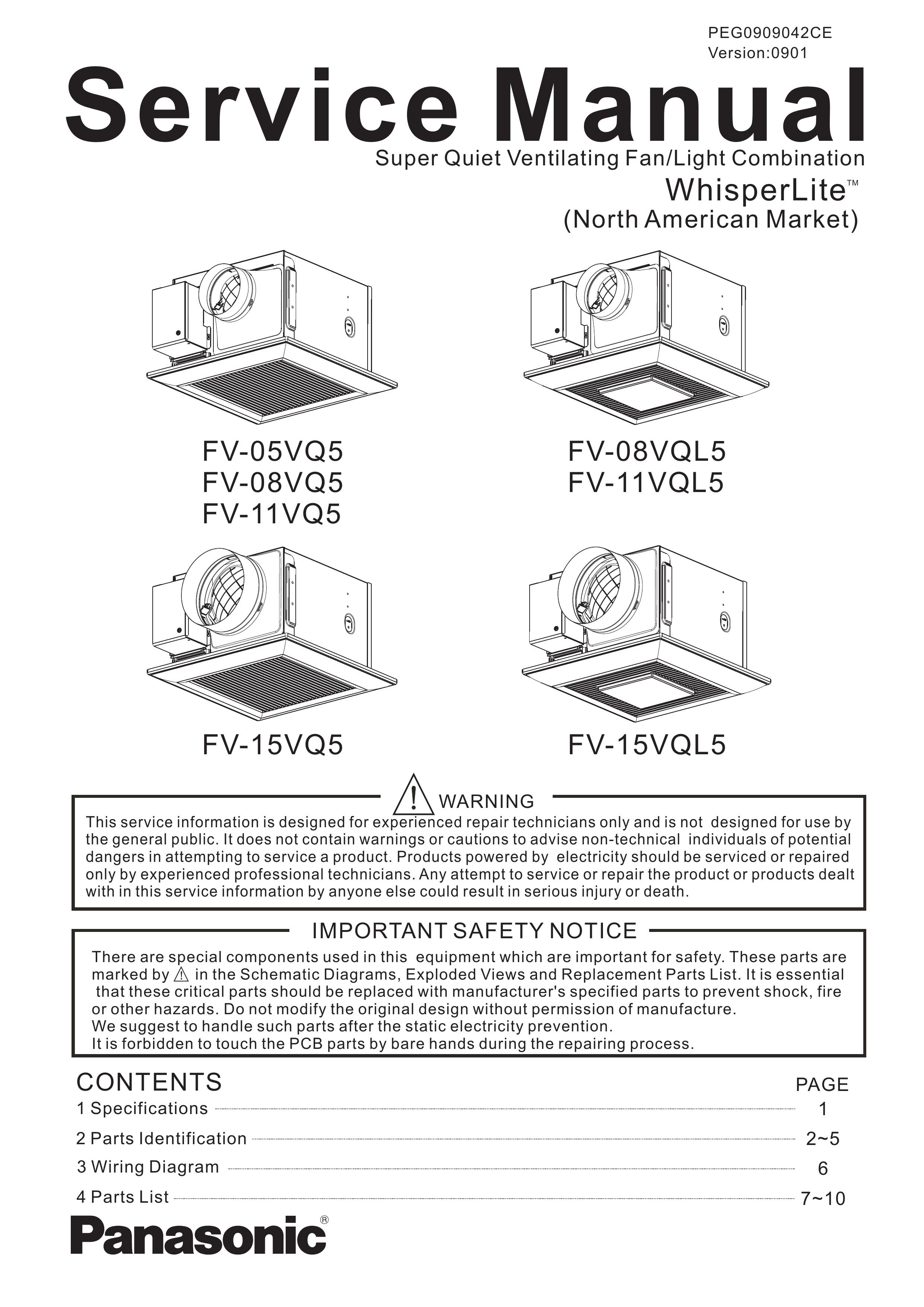 Panasonic FV-08VQL5 Ventilation Hood User Manual