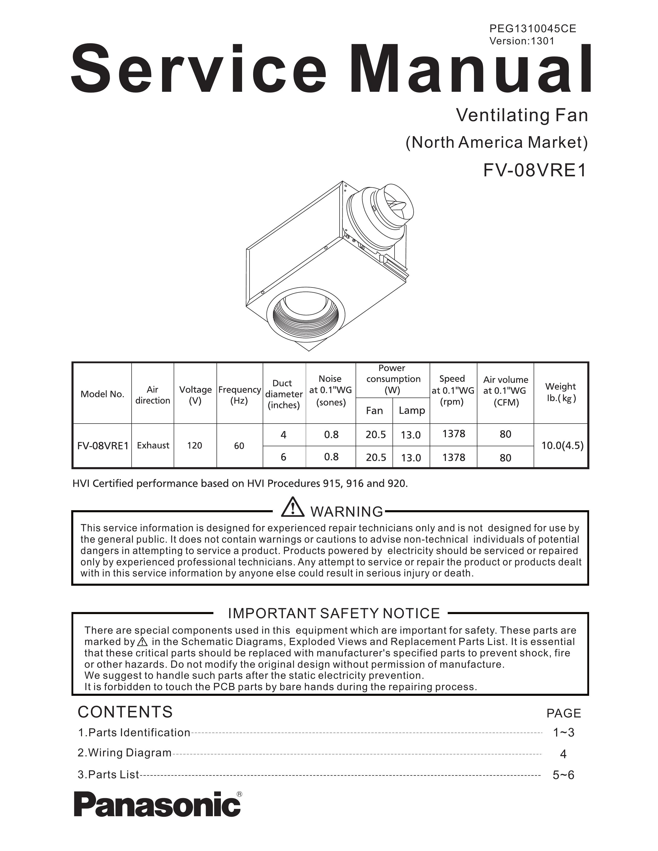 Panasonic FV-08VRE1 Ventilation Hood User Manual