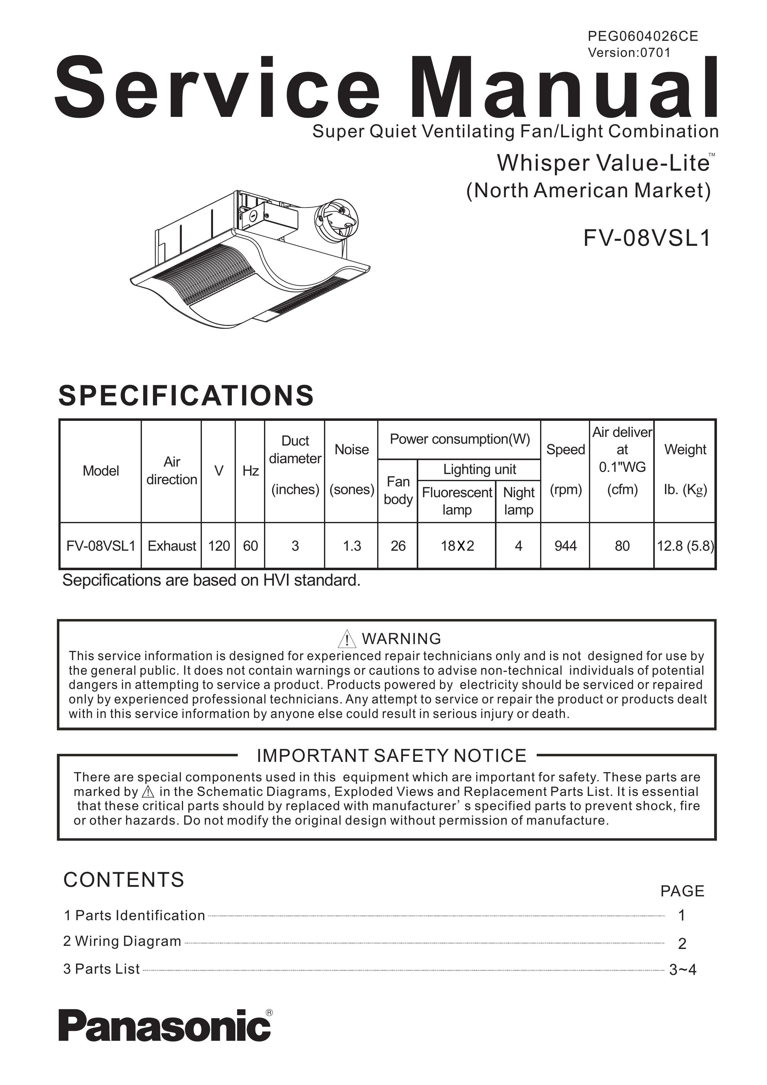 Panasonic FV-08VSL1 Ventilation Hood User Manual