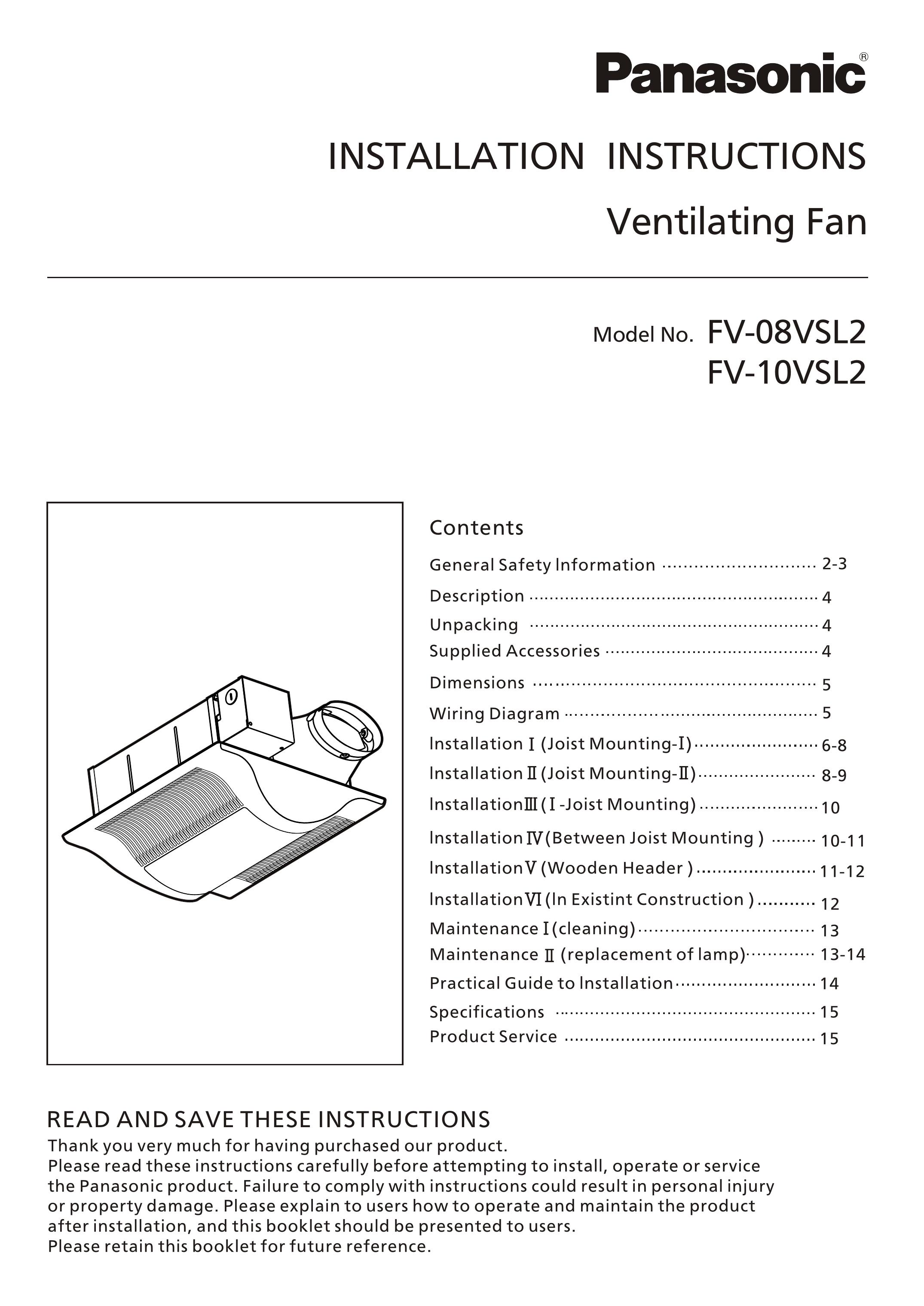 Panasonic FV-08vsl2 Ventilation Hood User Manual