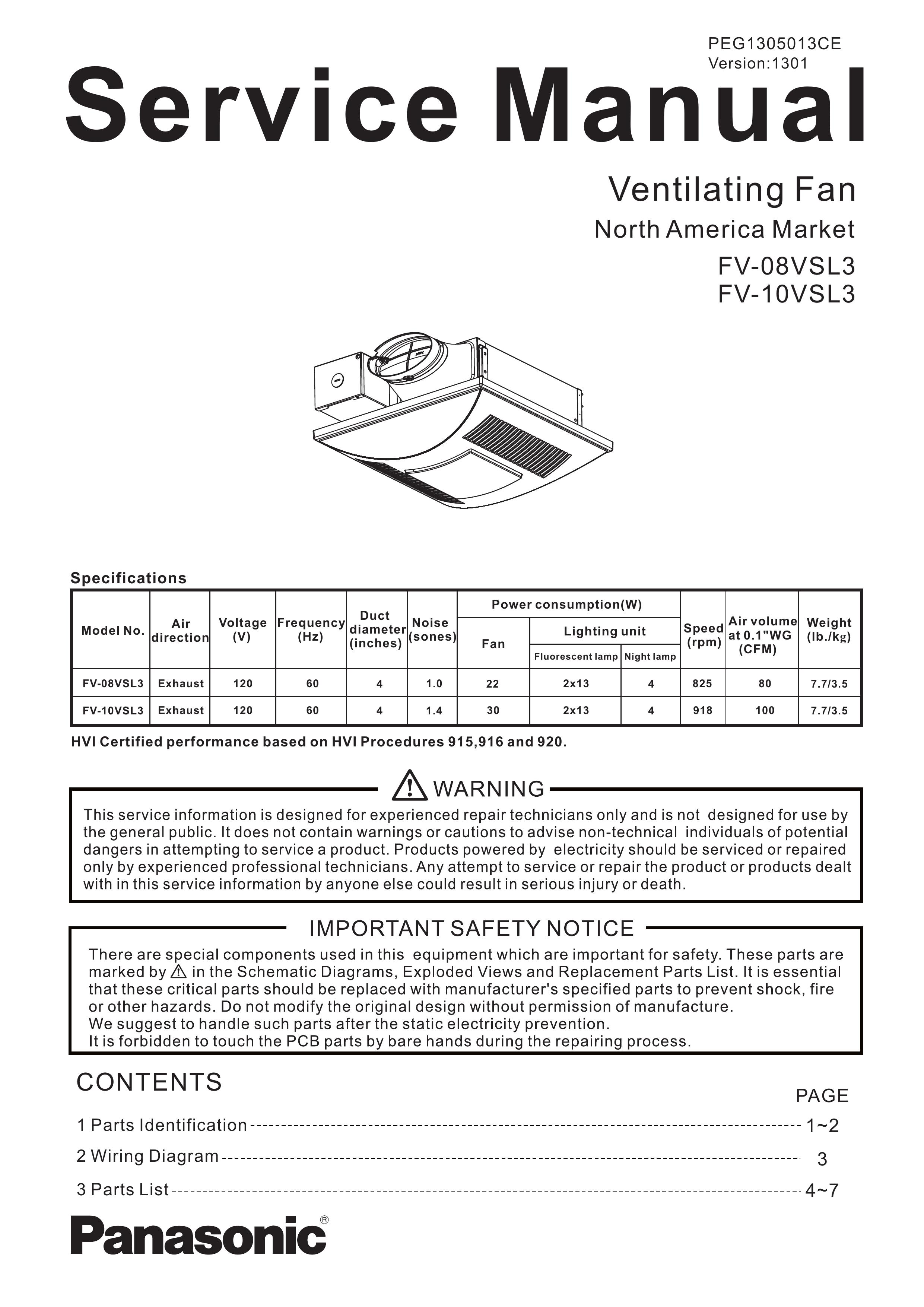 Panasonic FV-08VSL3 Ventilation Hood User Manual