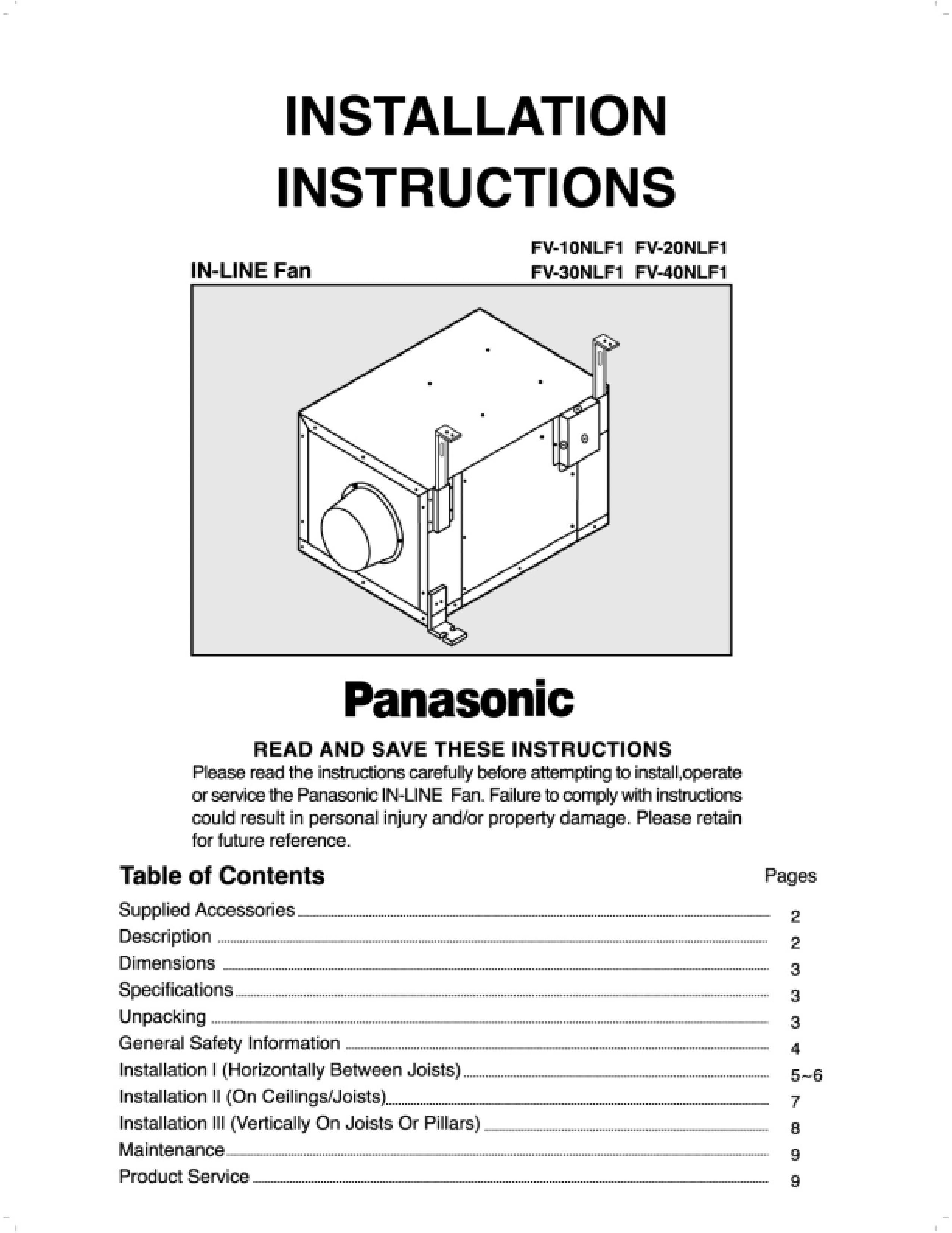 Panasonic FV-10NLF1 Ventilation Hood User Manual
