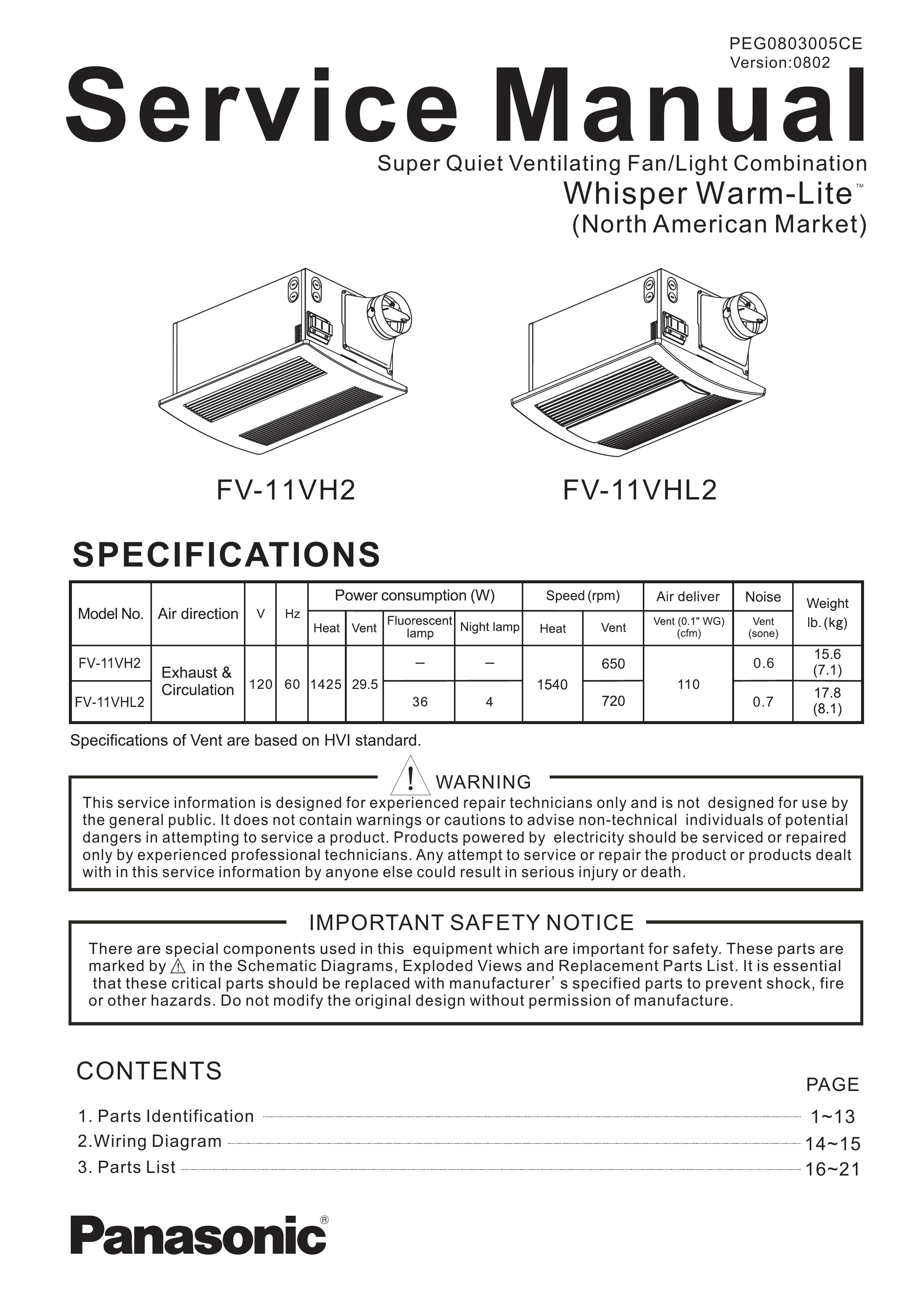 Panasonic FV-11VHL2 Ventilation Hood User Manual