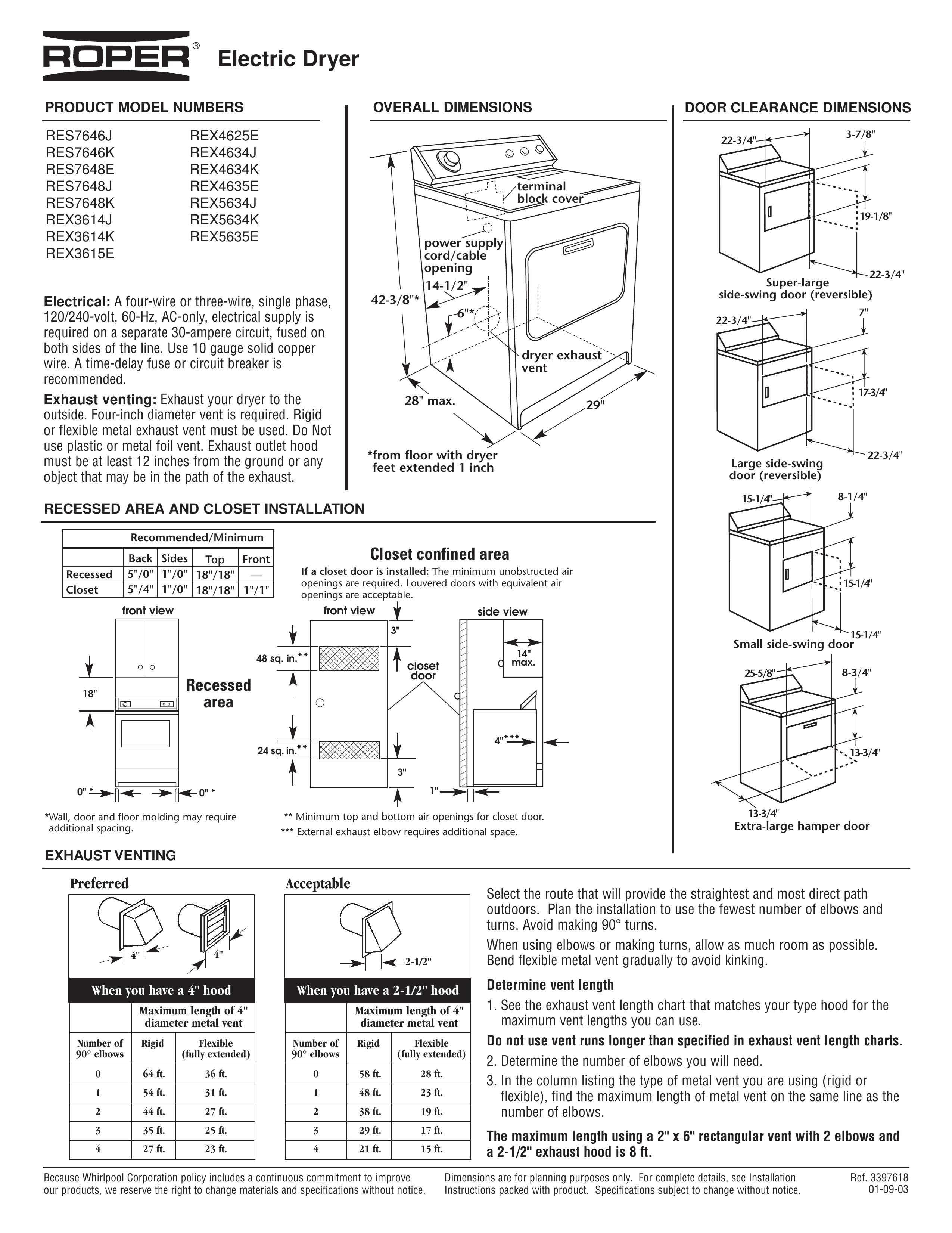 Roper RES7646J Ventilation Hood User Manual