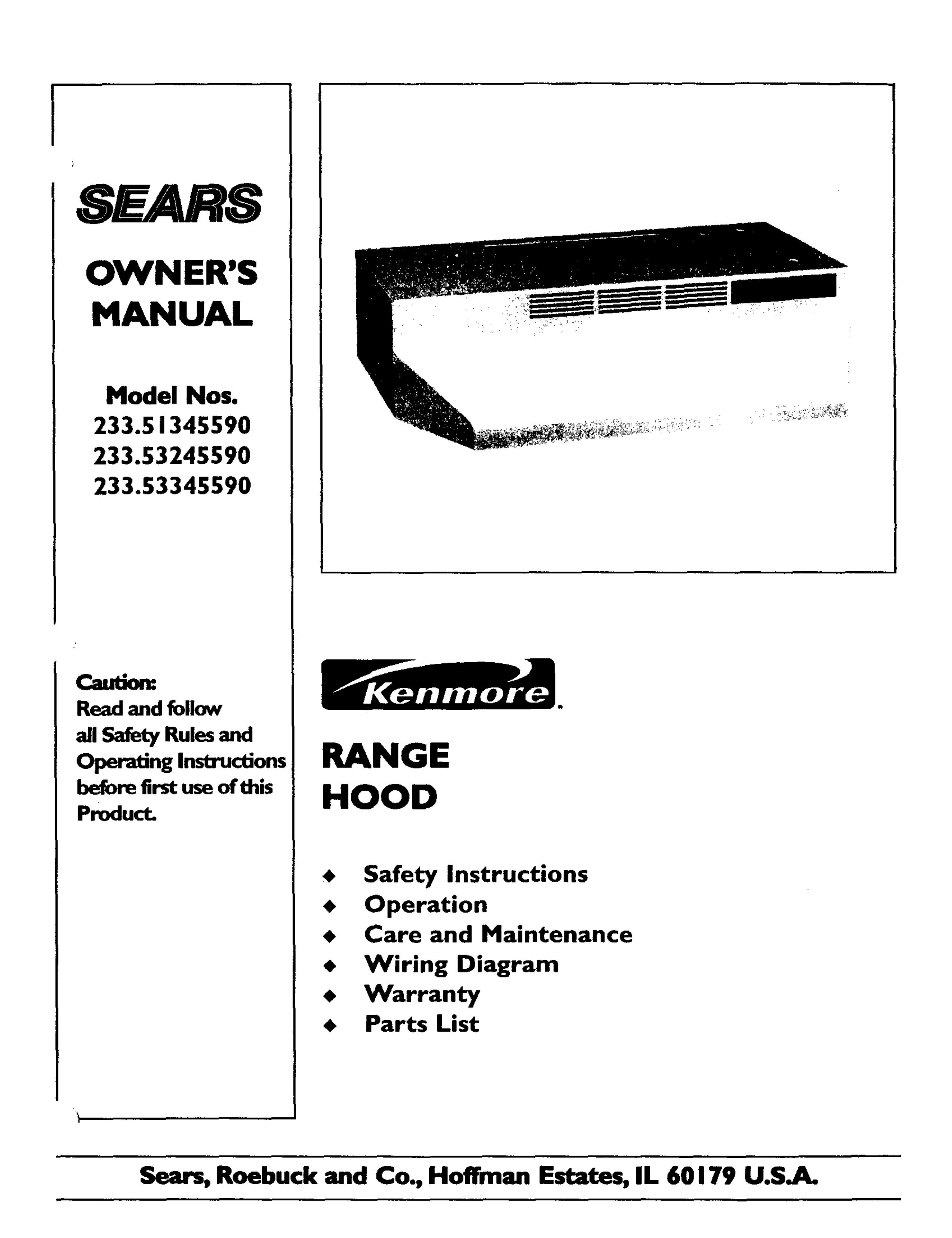 Sears 233.5134559 Ventilation Hood User Manual