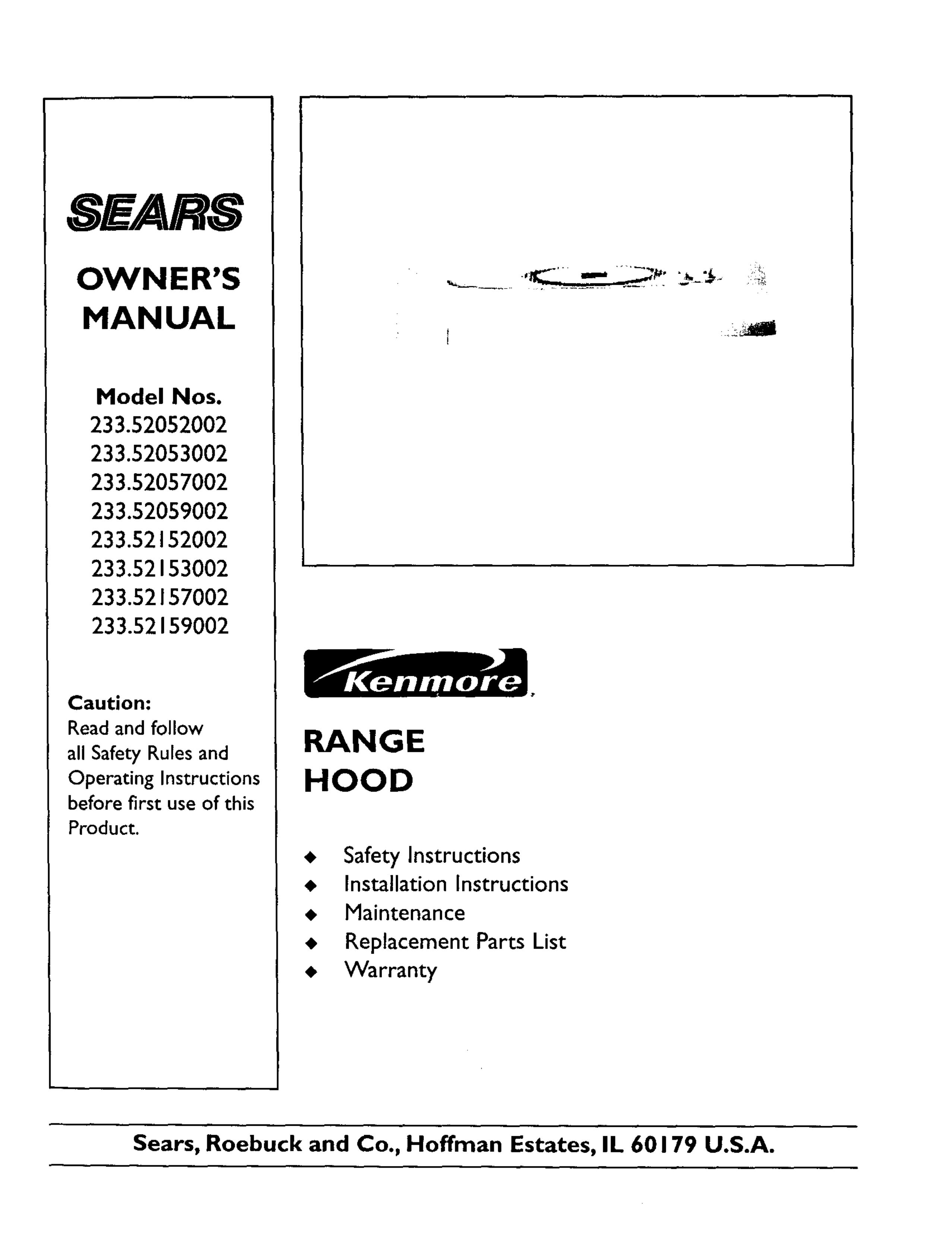 Sears 233.52059 Ventilation Hood User Manual