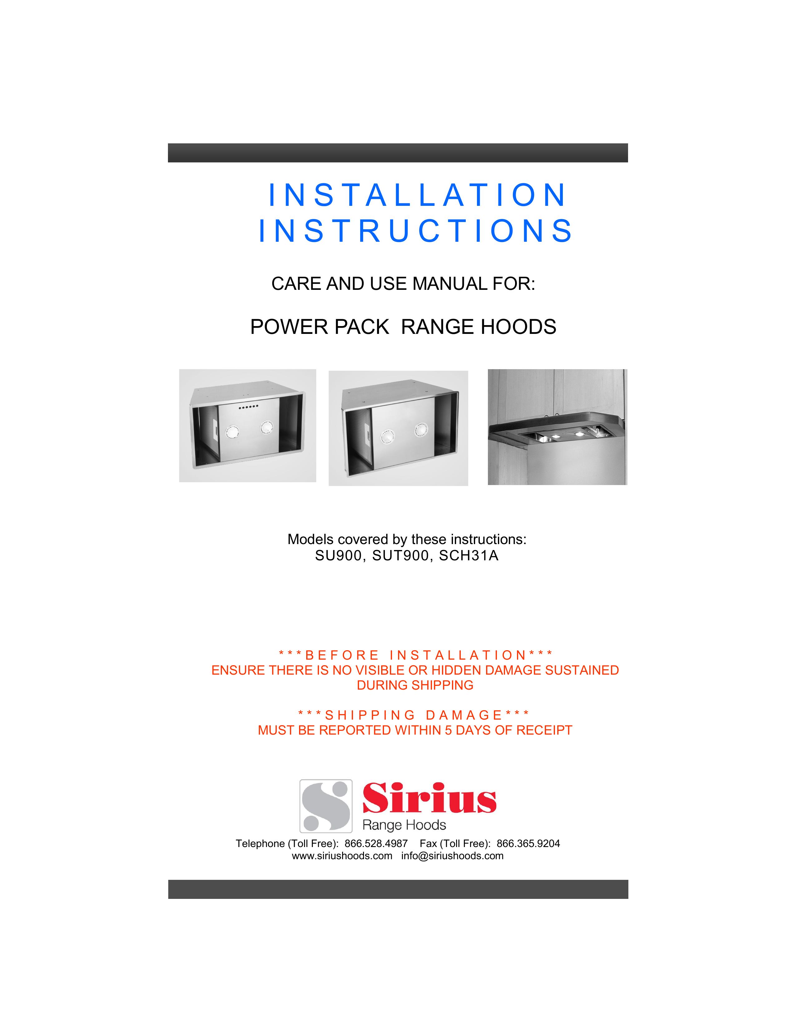Sirius Range Hoods SCH31A Ventilation Hood User Manual