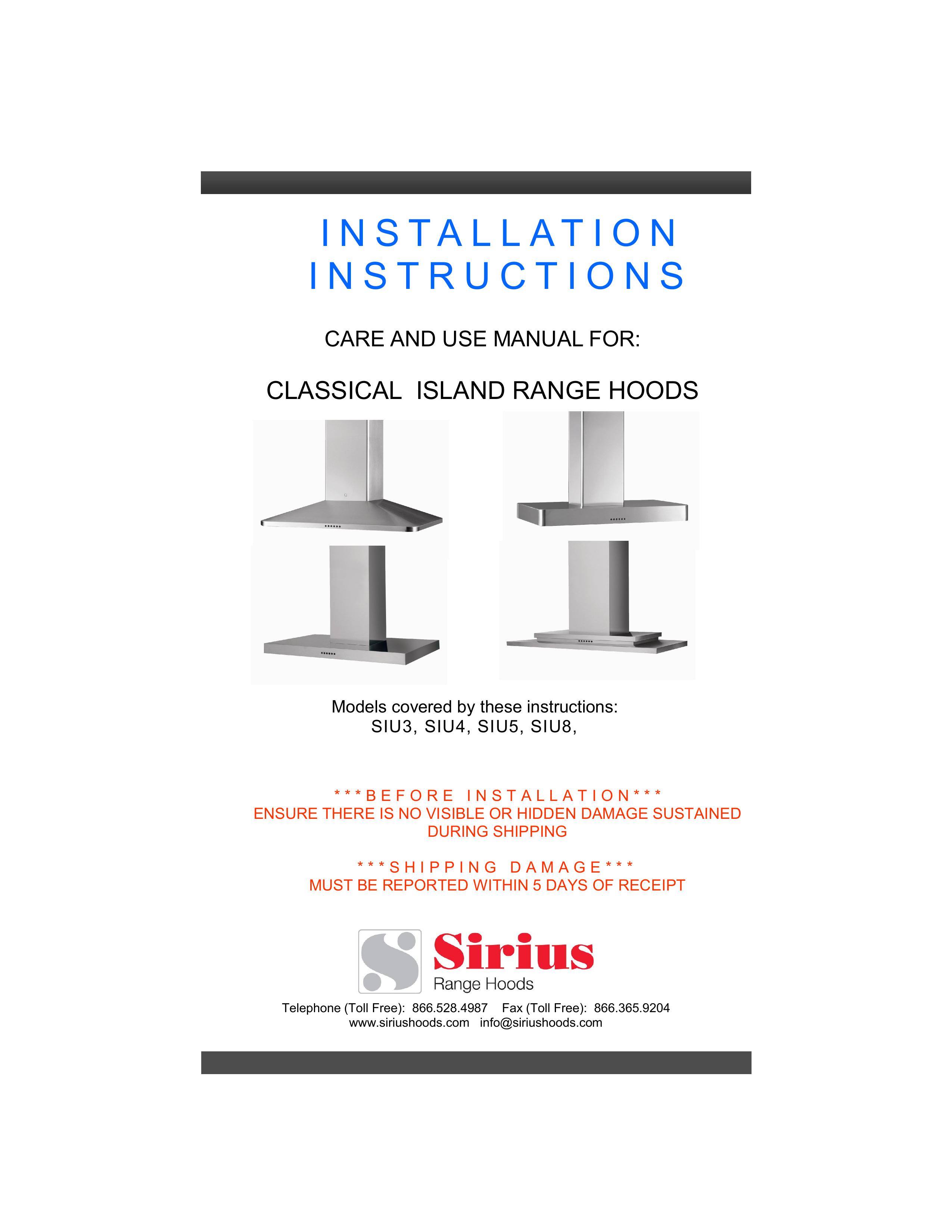 Sirius Range Hoods SIU3 Ventilation Hood User Manual