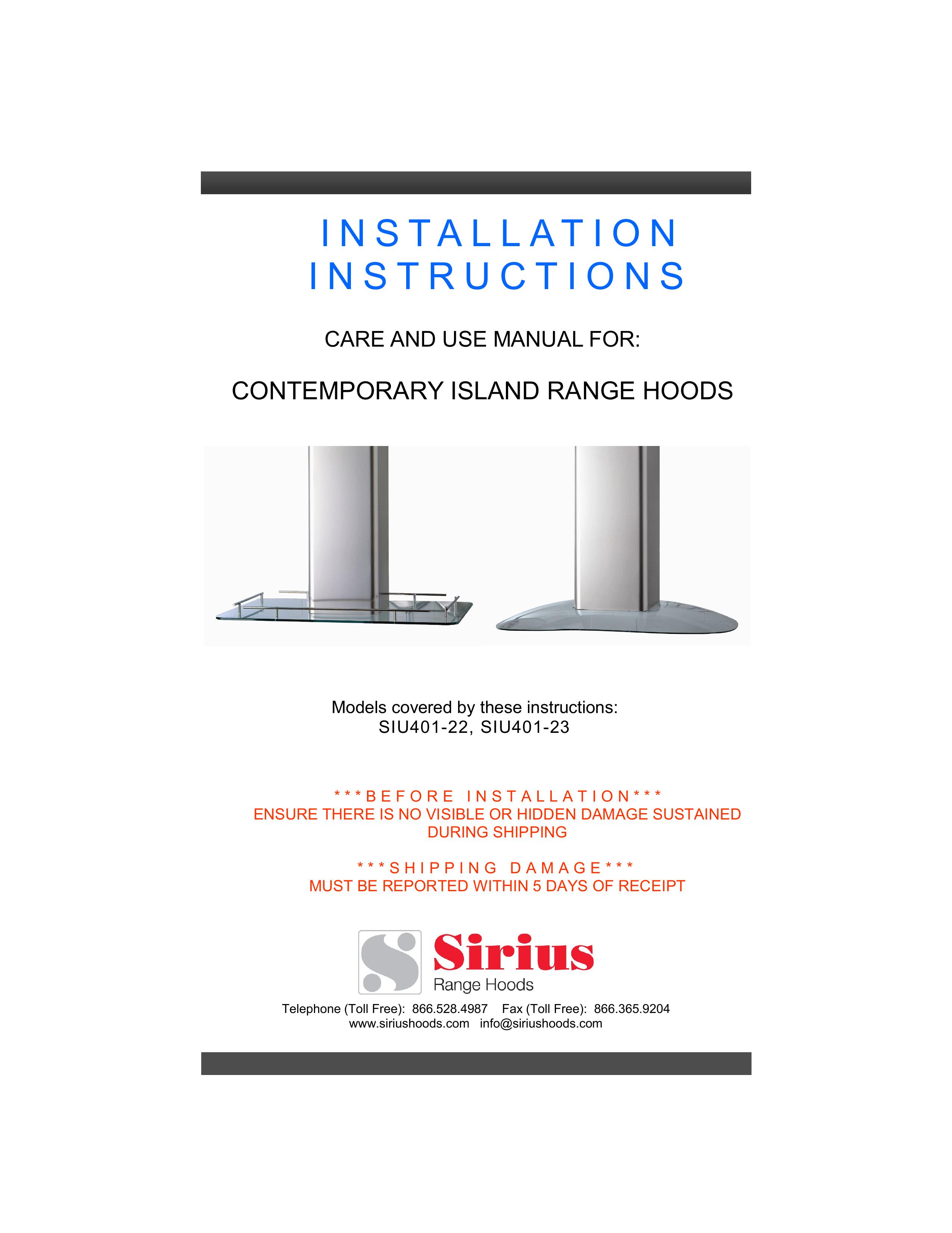 Sirius Range Hoods SIU401-22 Ventilation Hood User Manual