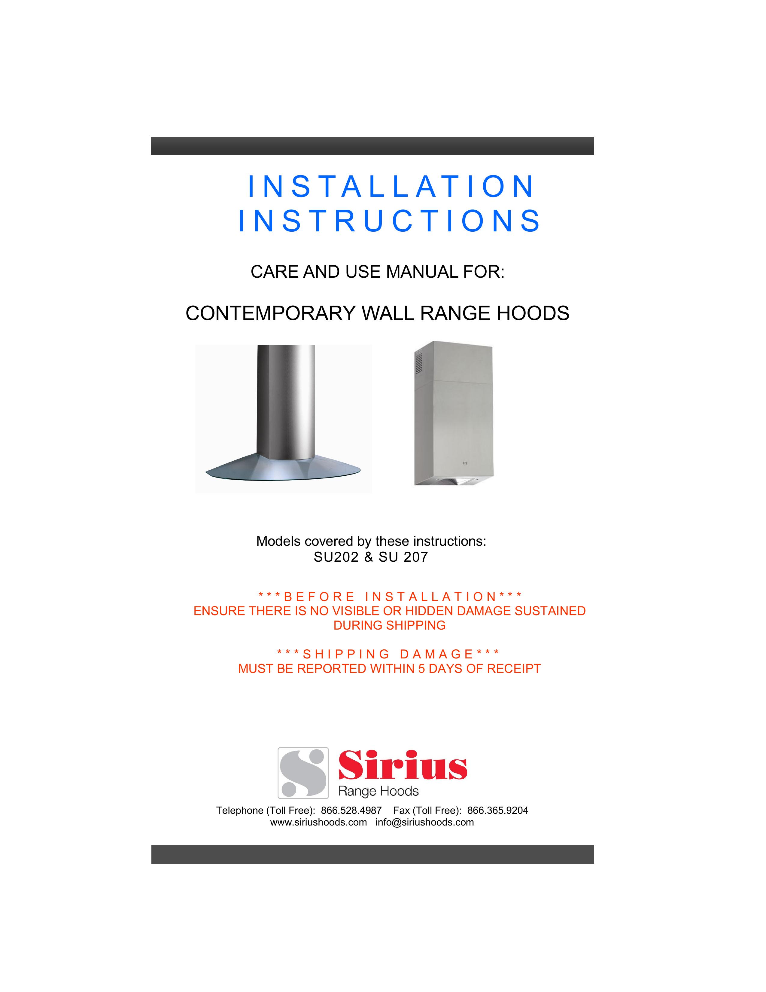 Sirius Range Hoods SU202 Ventilation Hood User Manual