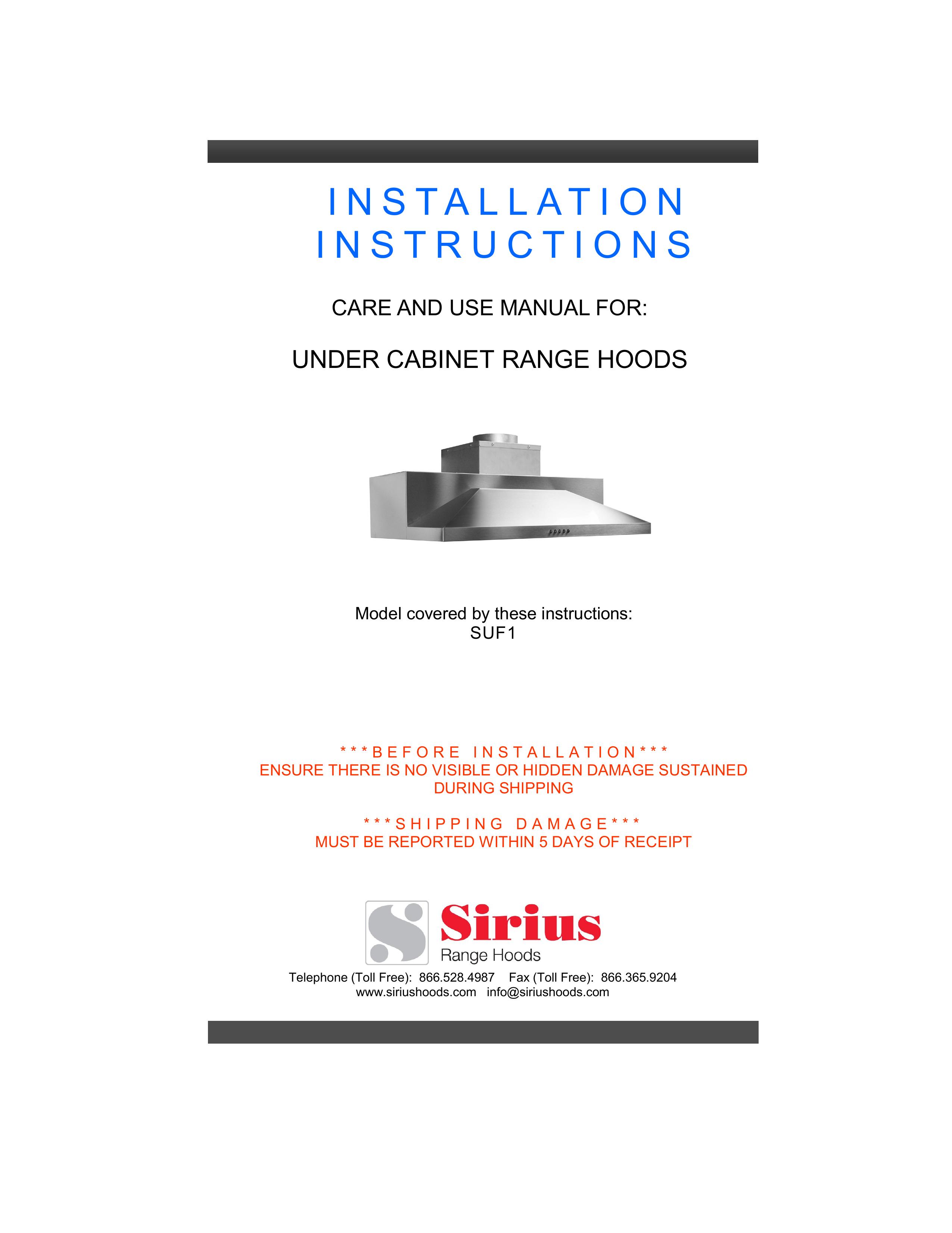 Sirius Range Hoods SUF1 Ventilation Hood User Manual