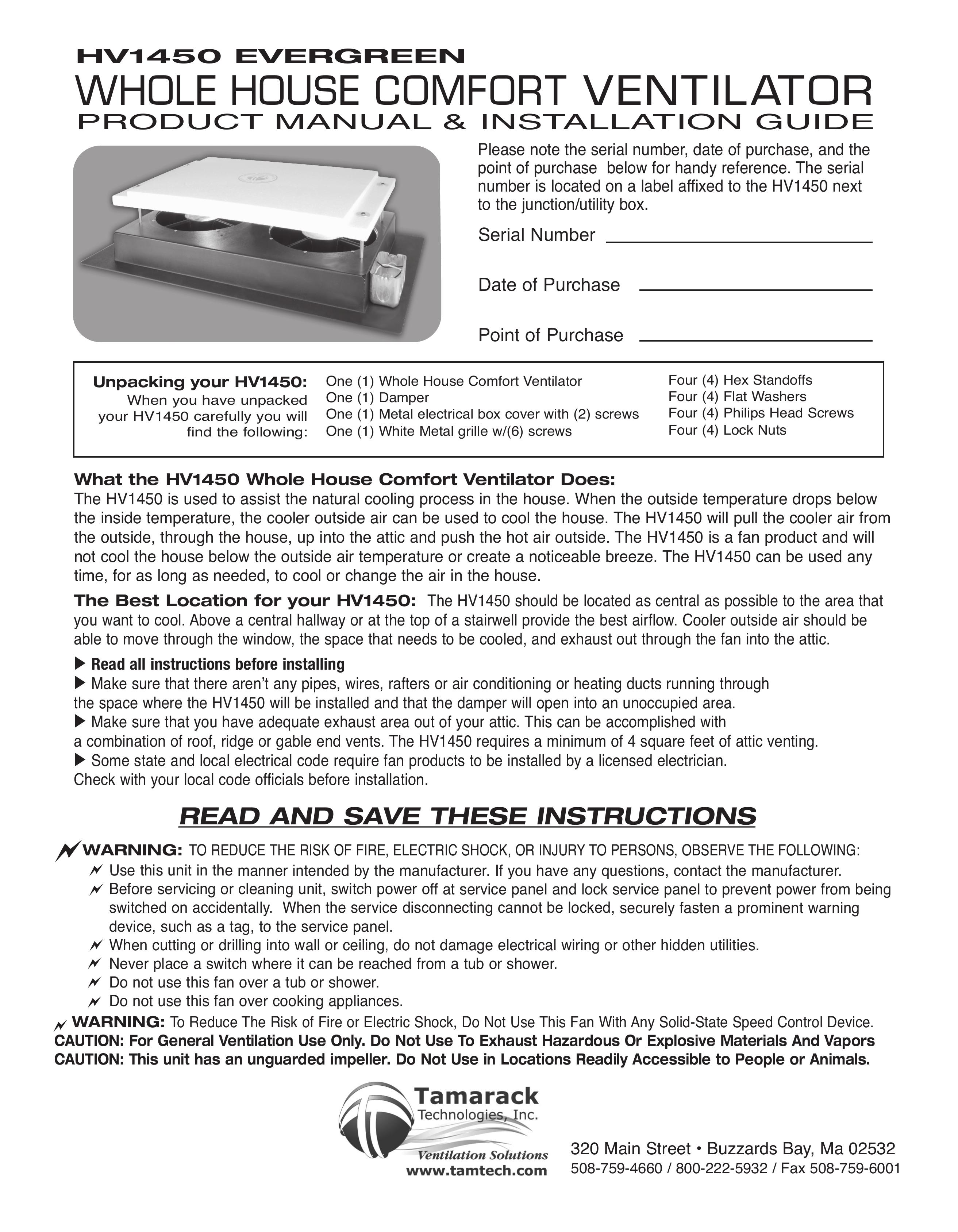 Tamarack Technologies HV1450 Ventilation Hood User Manual