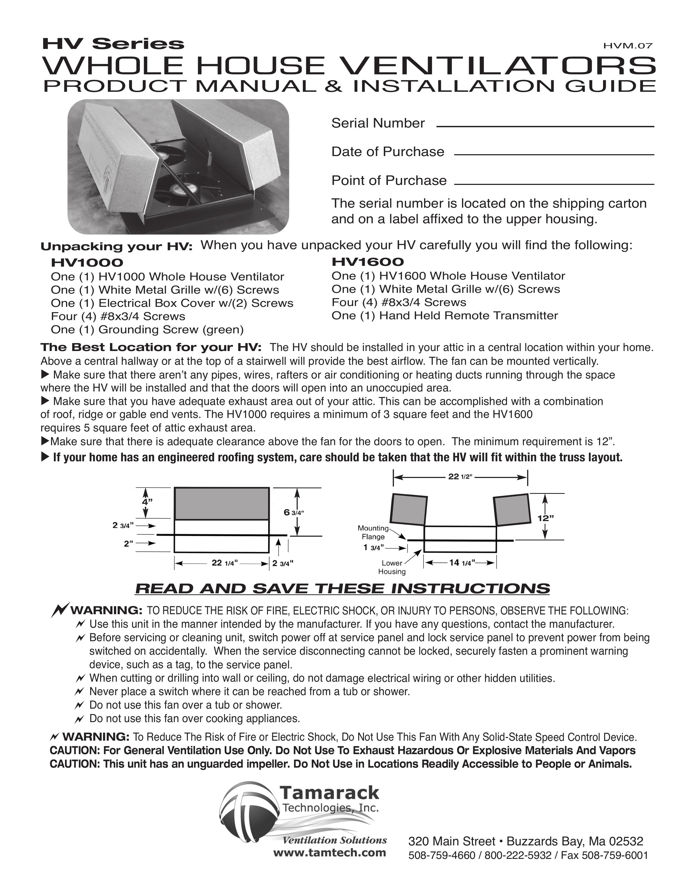 Tamarack Technologies HV1600 Ventilation Hood User Manual
