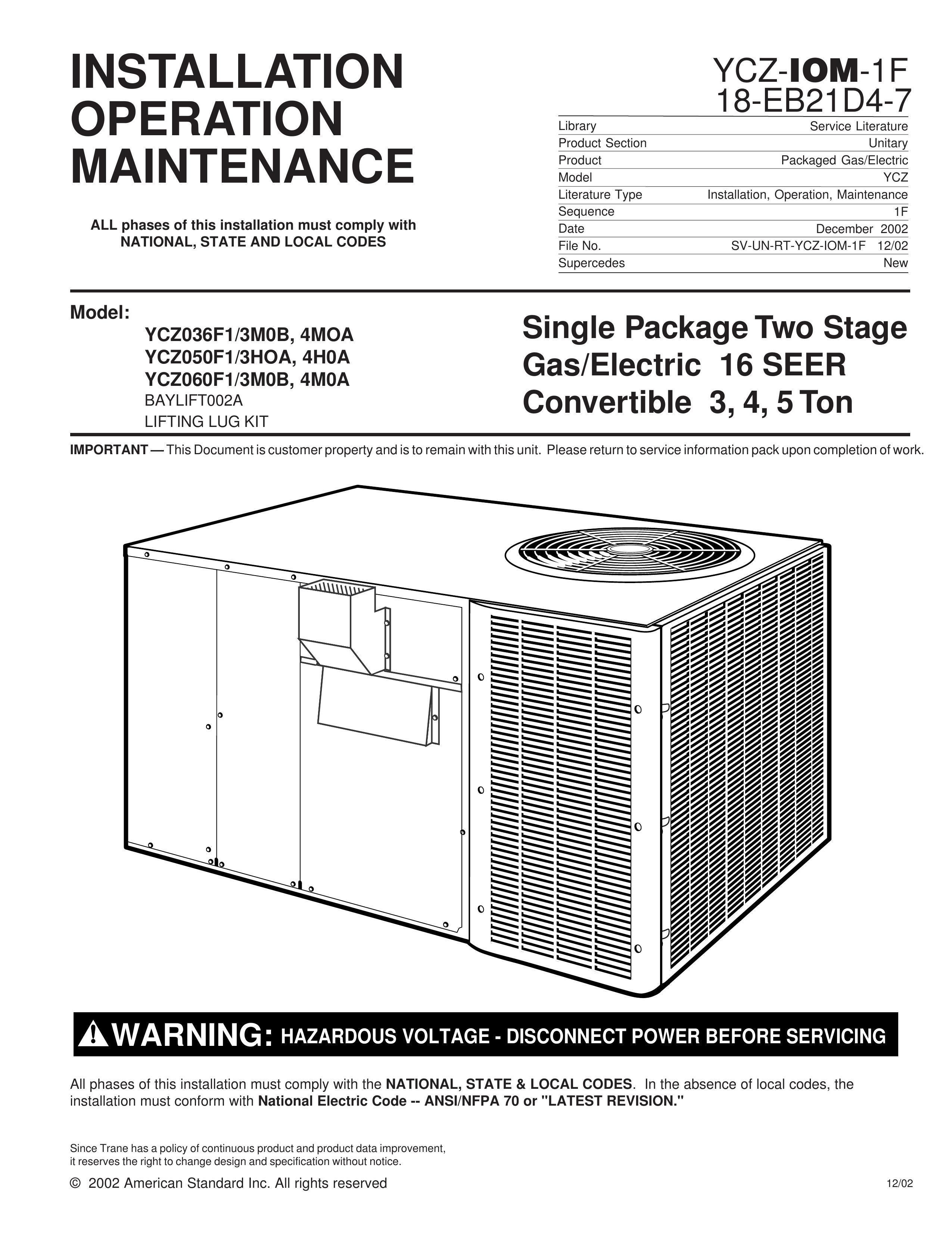 Trane YCZ035F1 Ventilation Hood User Manual