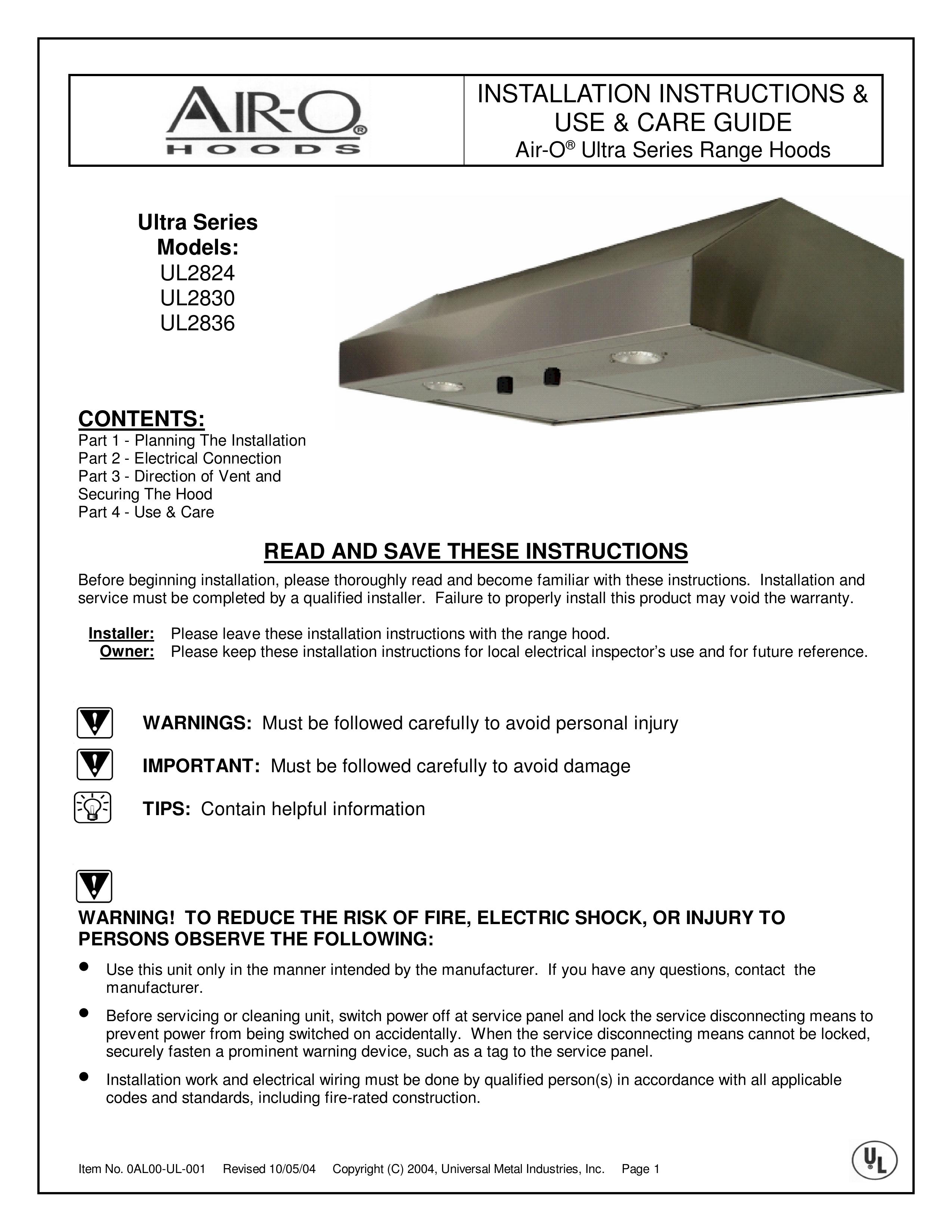 Universal Metal Industries UL2836 Ventilation Hood User Manual