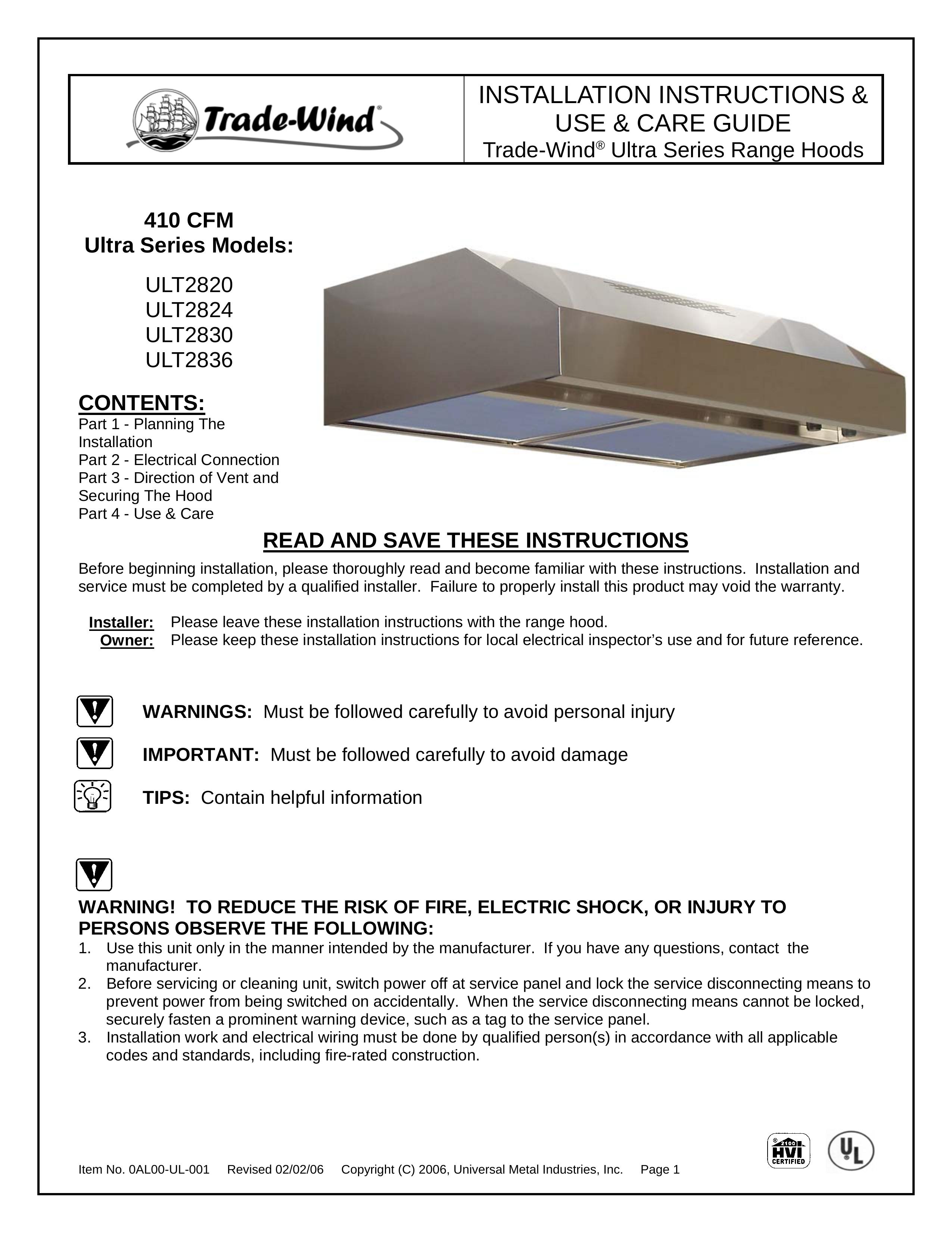 Universal Metal Industries ULT2820 Ventilation Hood User Manual
