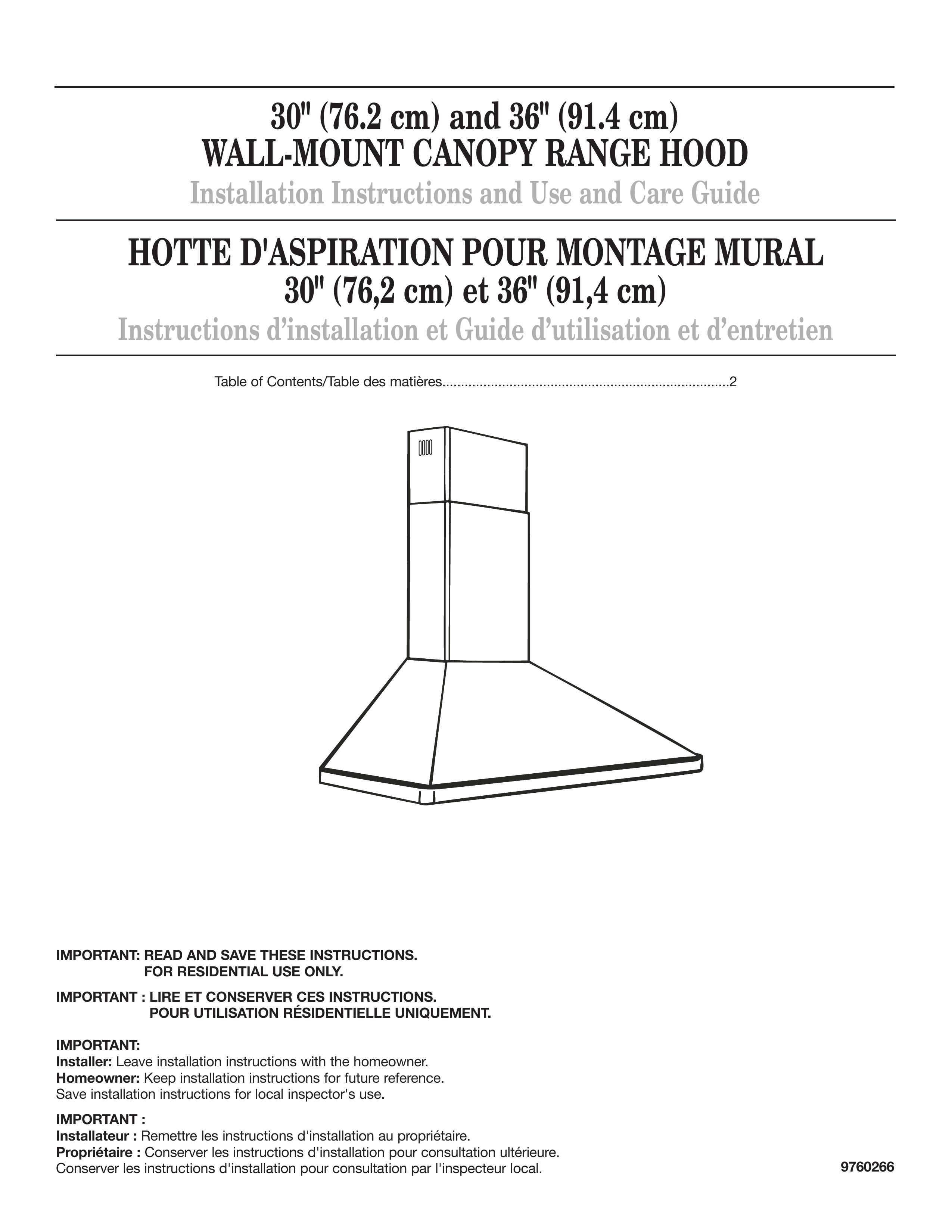 Whirlpool 9760266 Ventilation Hood User Manual
