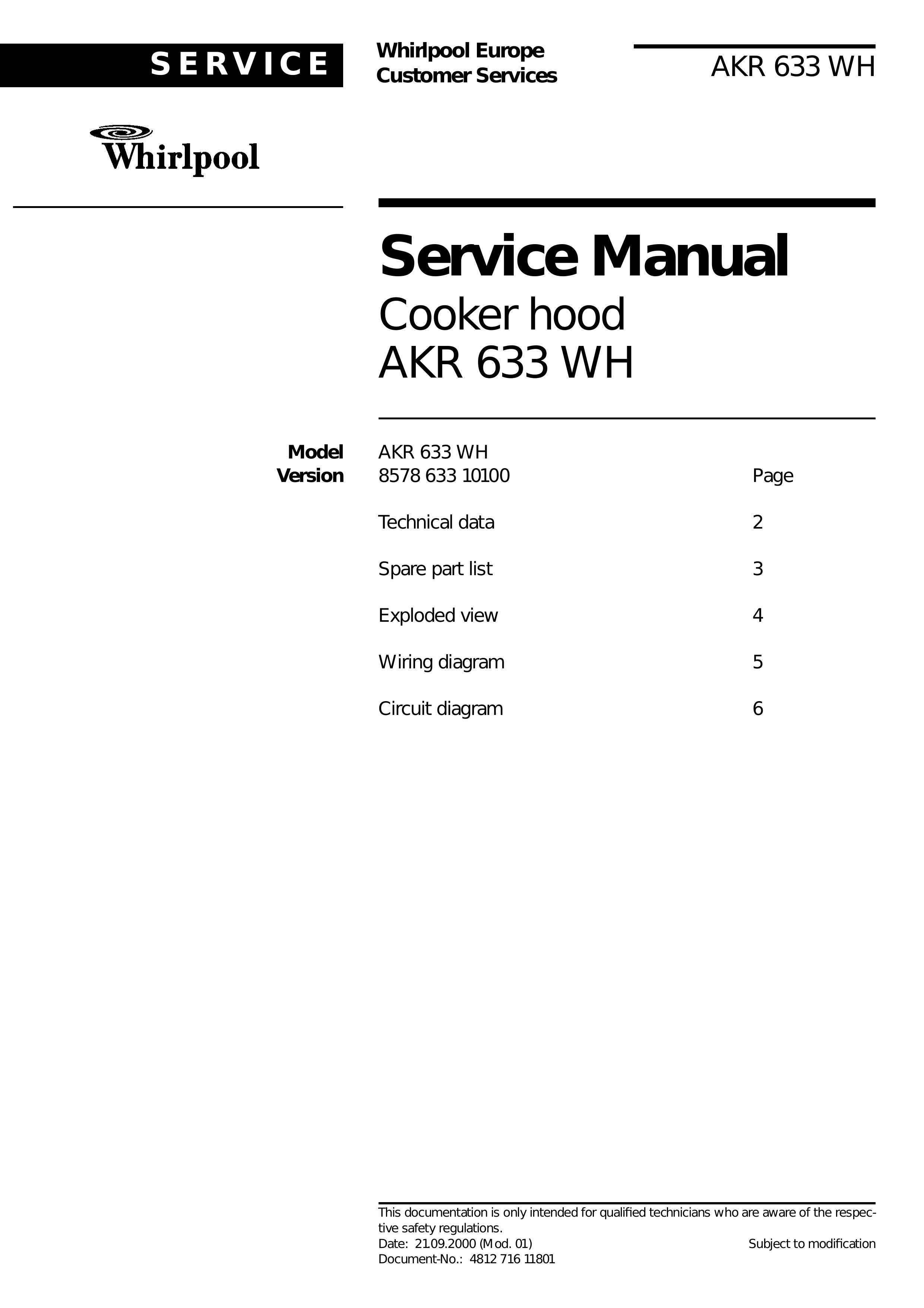 Whirlpool AKR Ventilation Hood User Manual