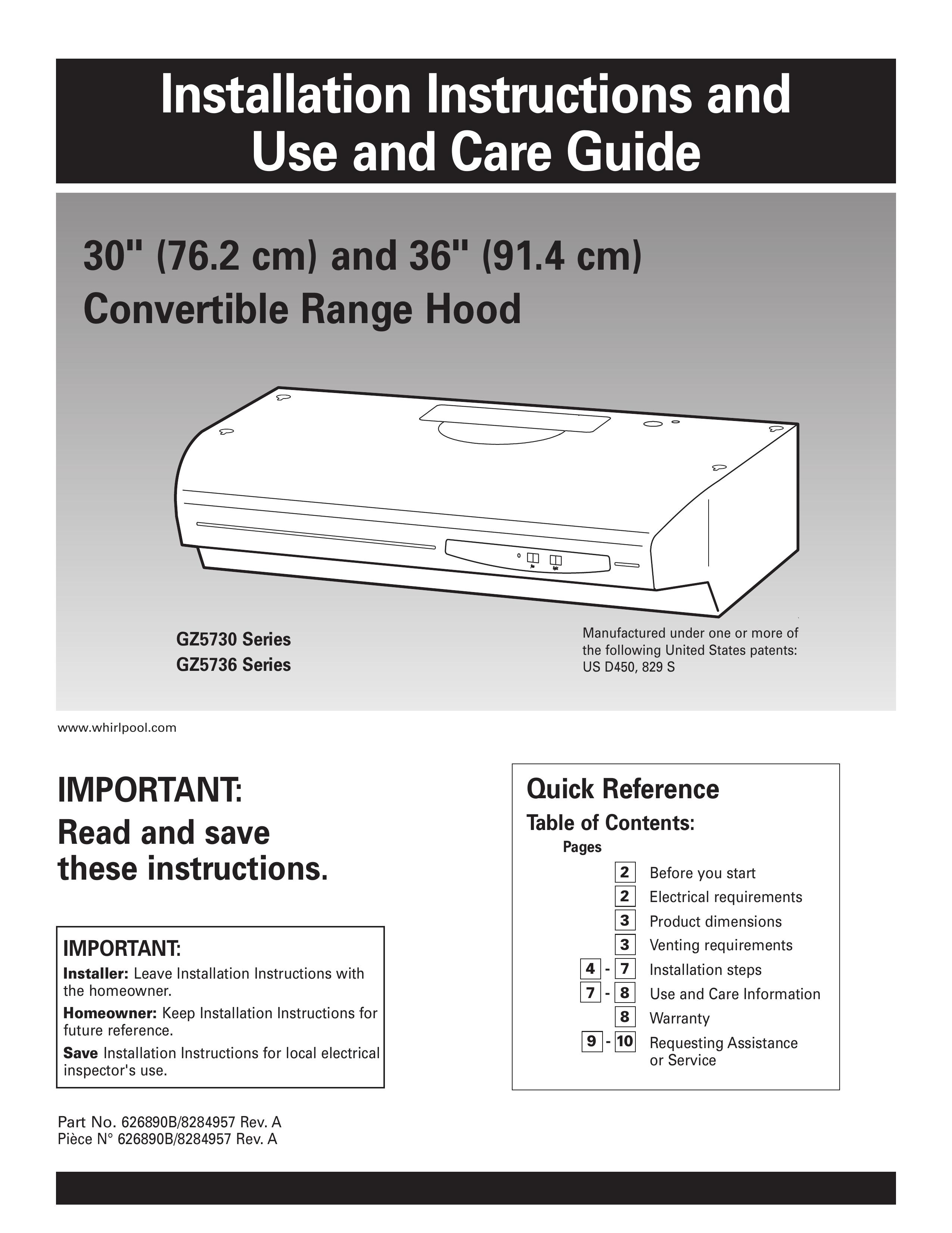 Whirlpool GZ5730 Ventilation Hood User Manual