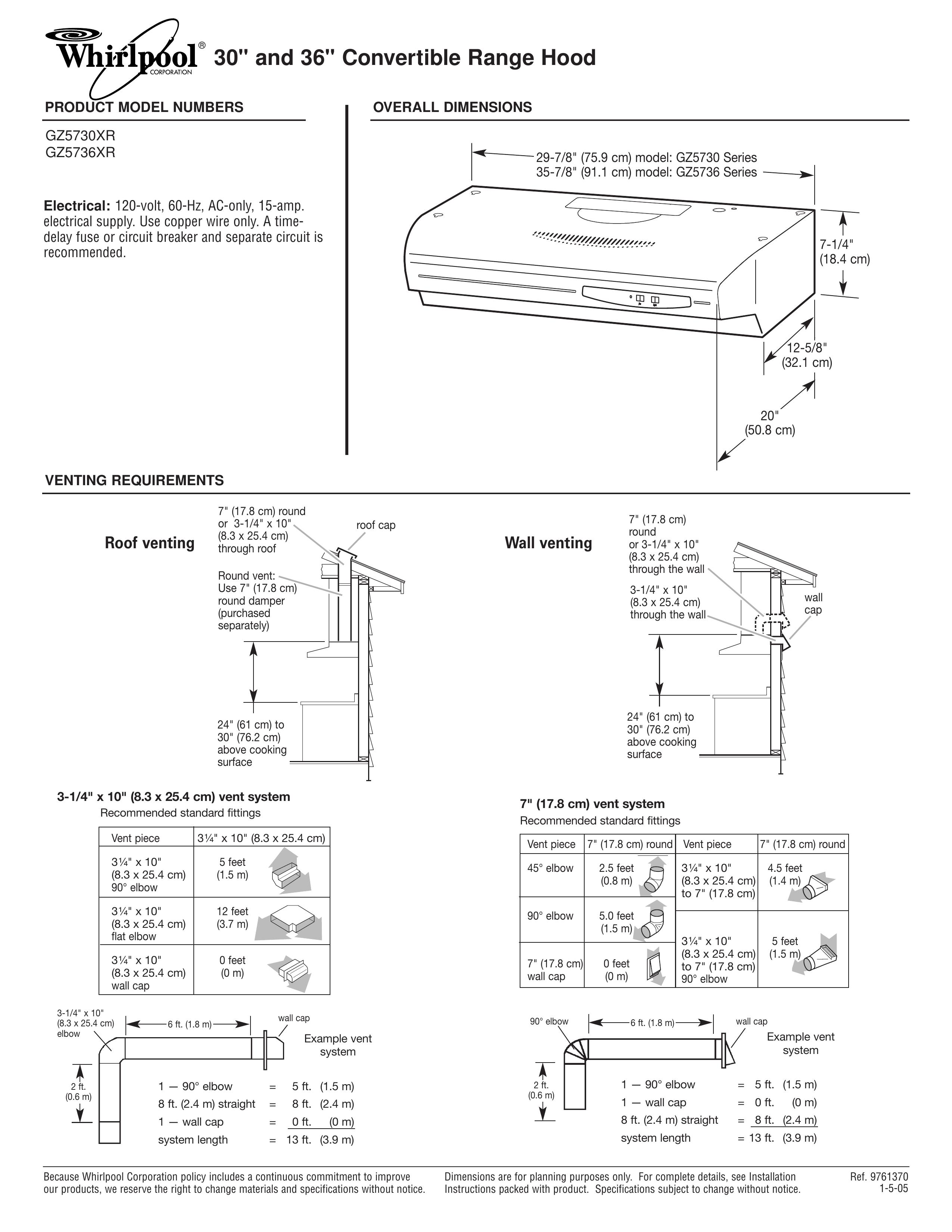 Whirlpool GZ5730XR Ventilation Hood User Manual