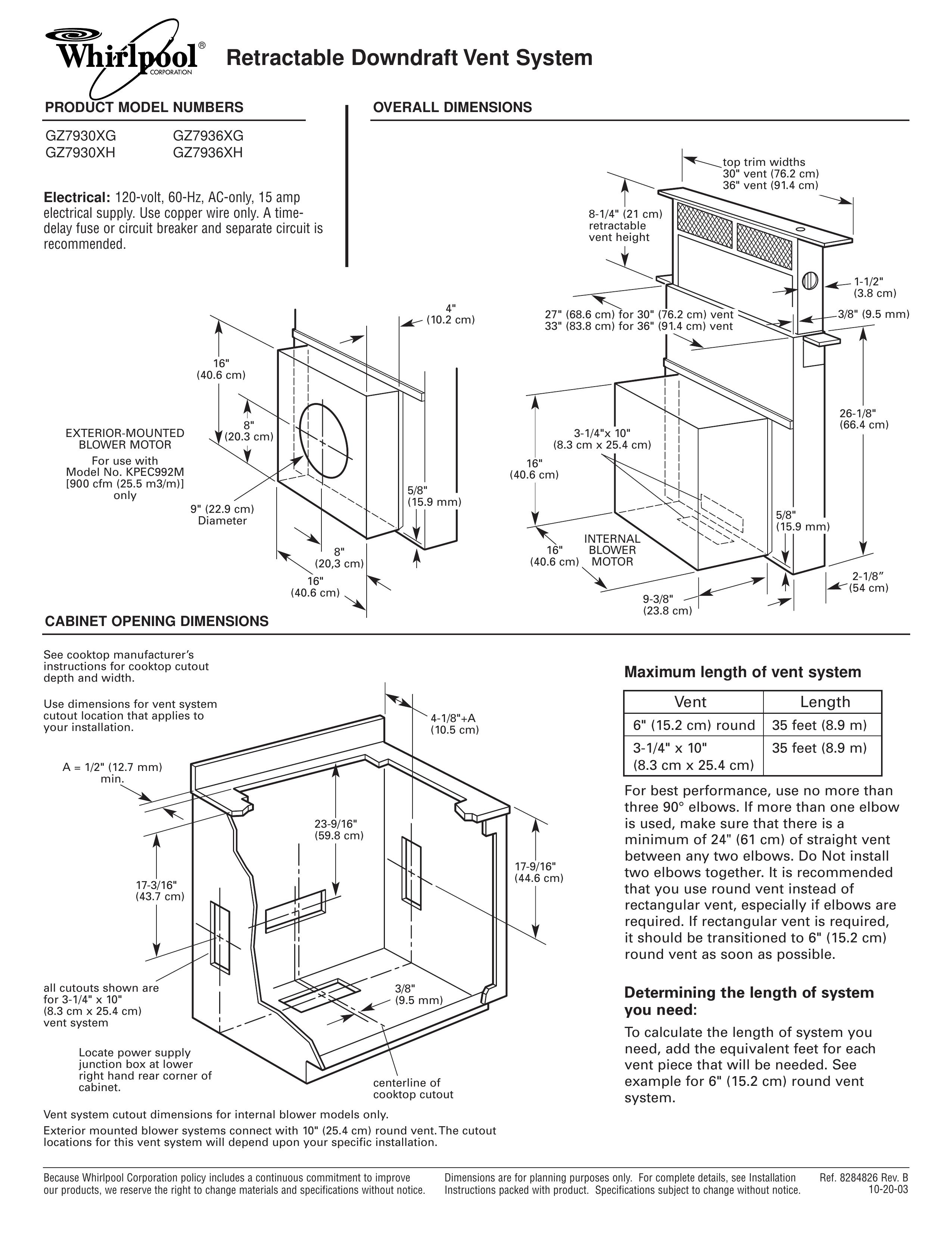 Whirlpool GZ7936XH Ventilation Hood User Manual