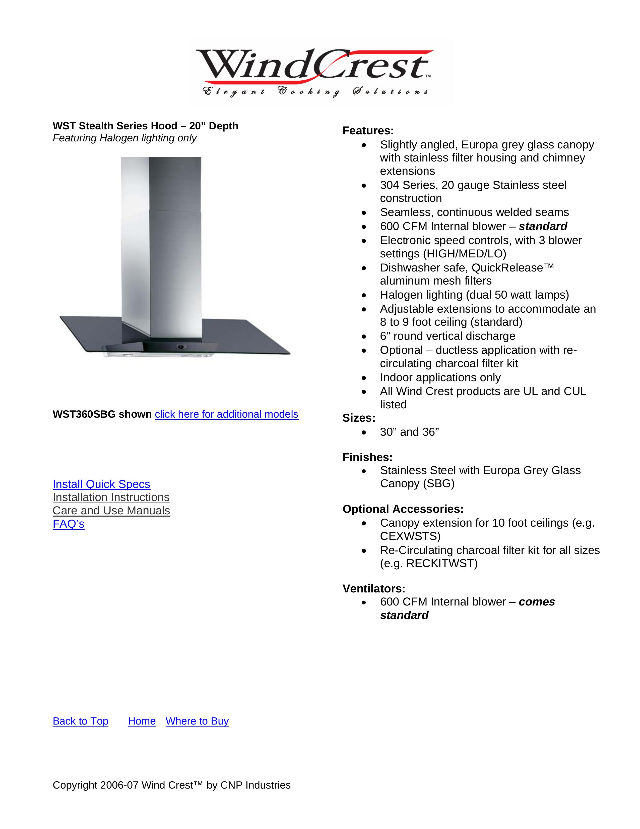 Wind Crest WST360SBG Ventilation Hood User Manual