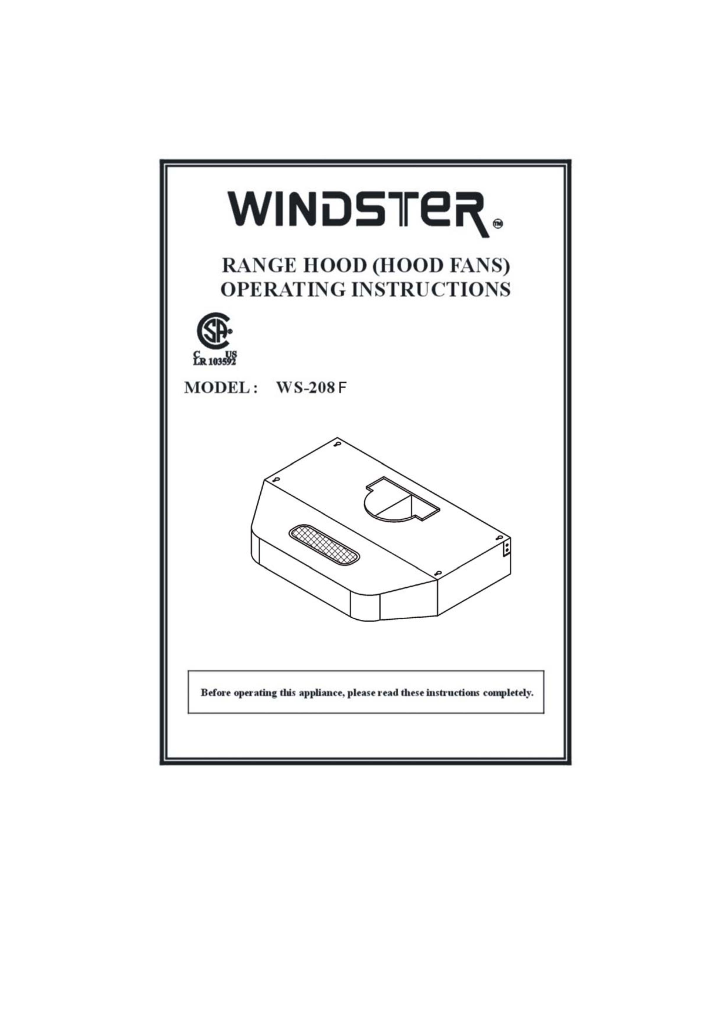 Windster WS-208F Ventilation Hood User Manual