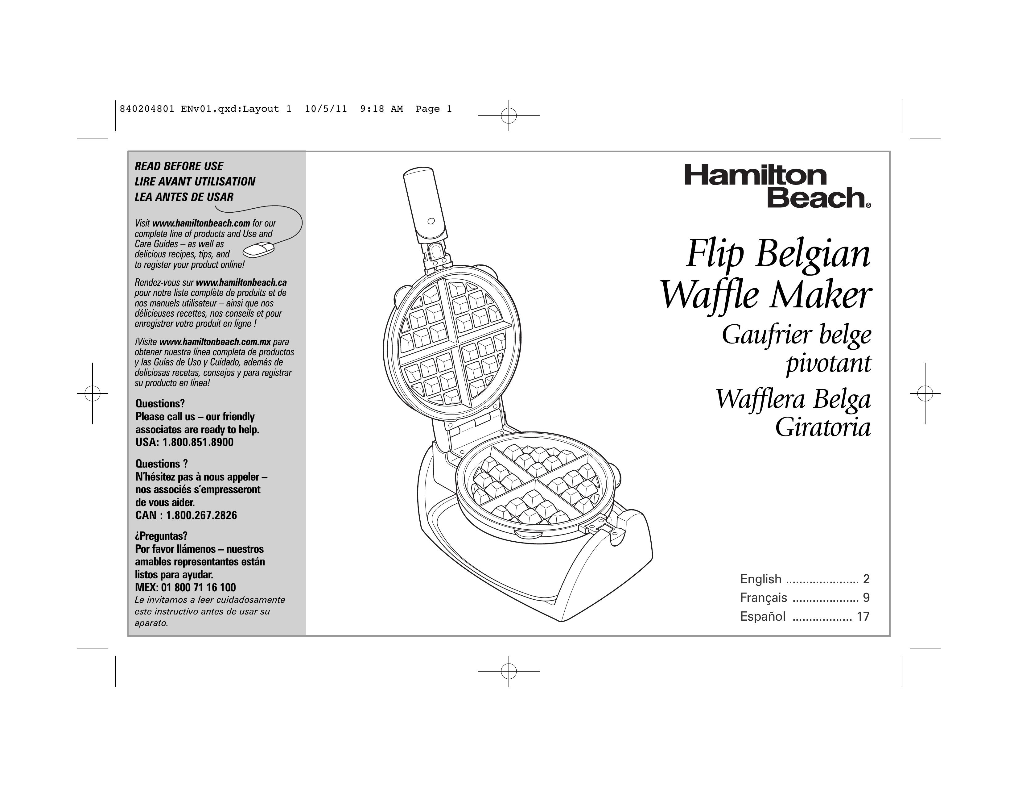 Hamilton Beach 26030 Waffle Iron User Manual