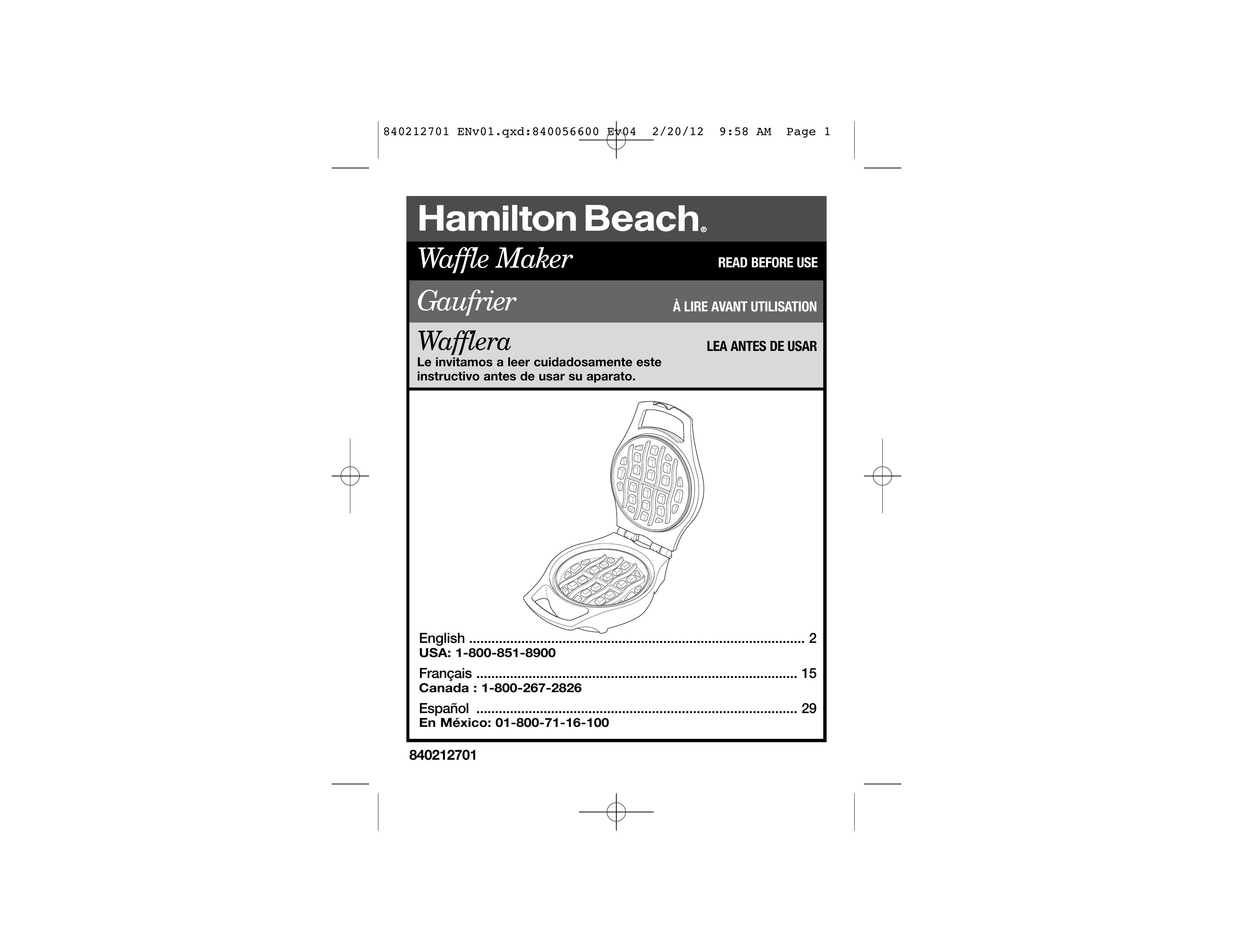 Hamilton Beach 26040 Waffle Iron User Manual