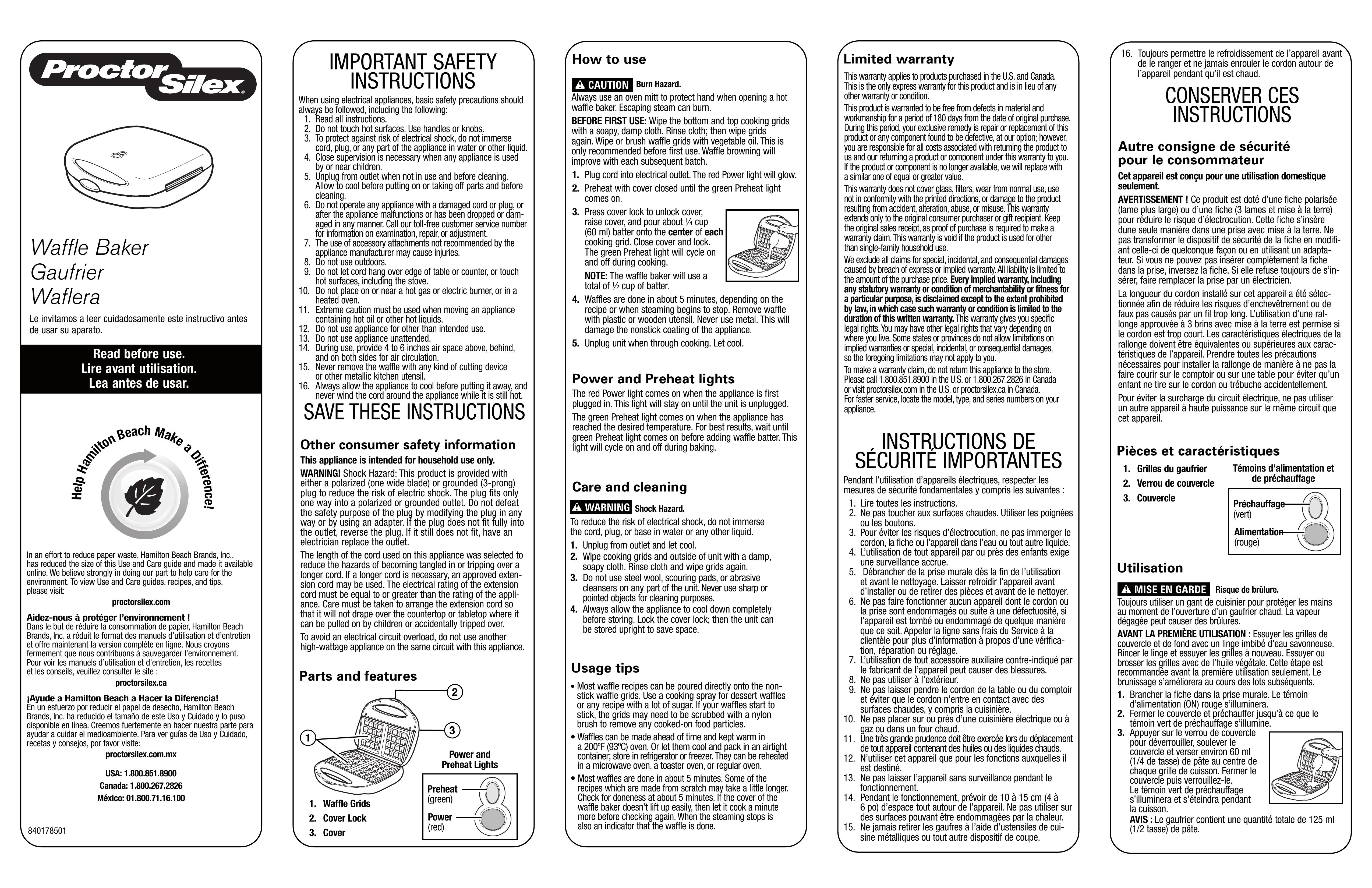 Proctor-Silex 840178501 Waffle Iron User Manual