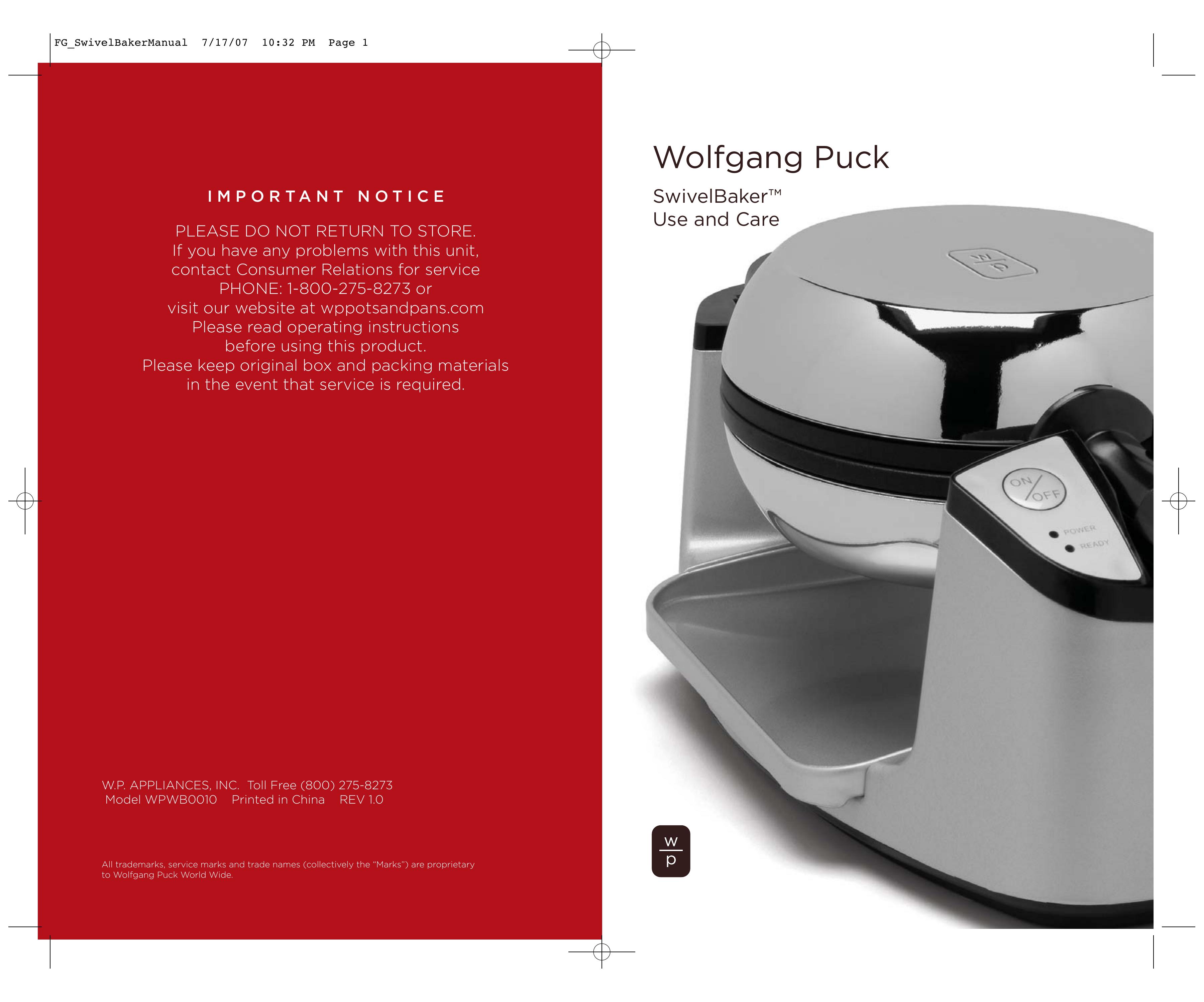 Wolfgang Puck WPWB0010 Waffle Iron User Manual