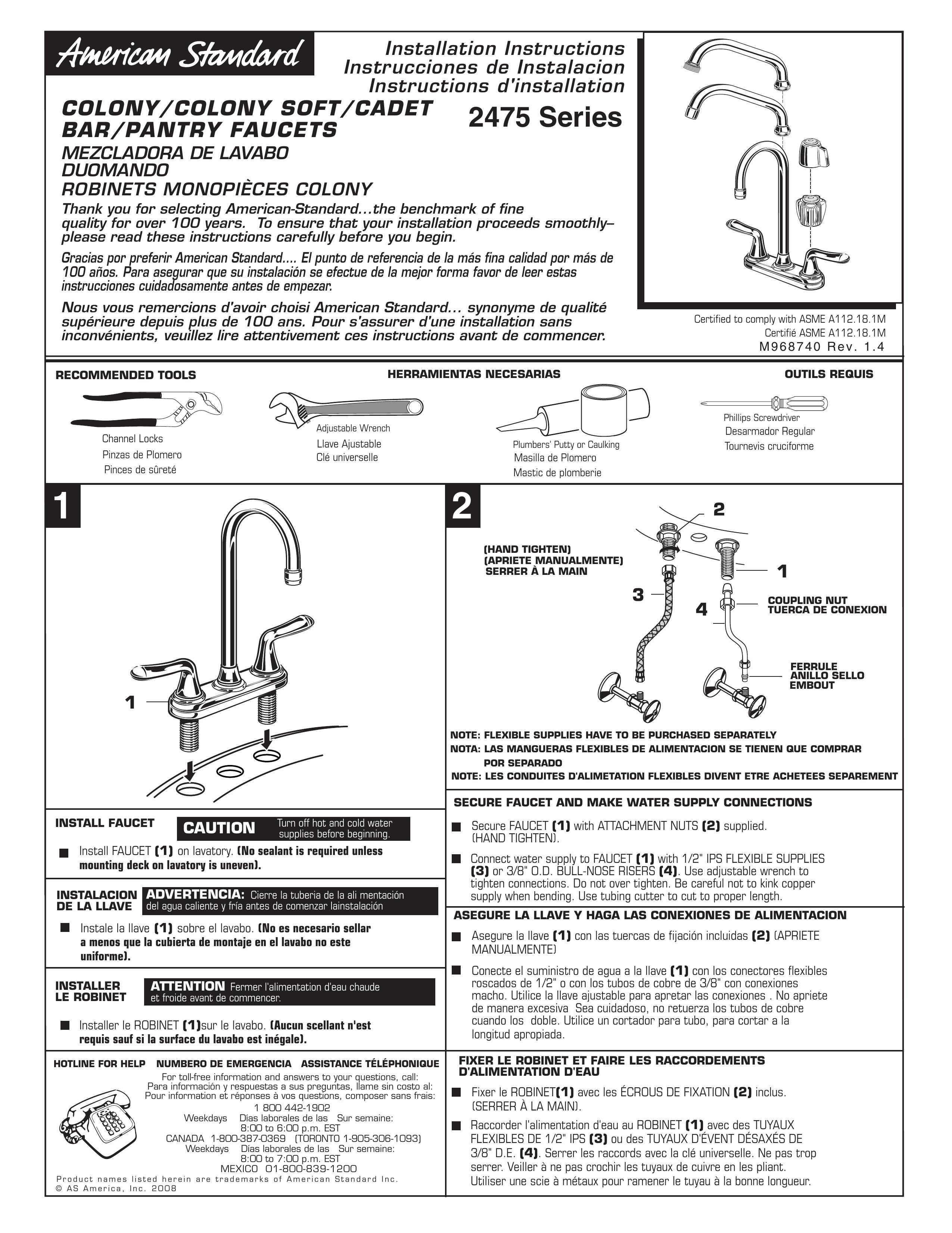 American Standard Colony/Colony Soft/Cadet Bar/Pantry Faucets Water Dispenser User Manual