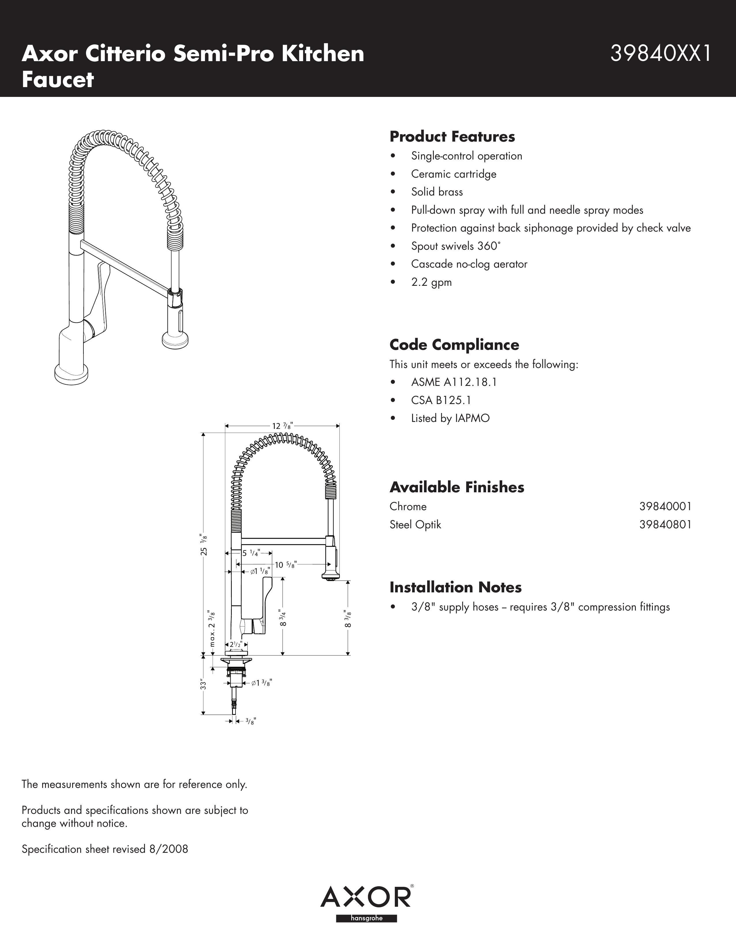 Axor 39840XX1 Water Dispenser User Manual