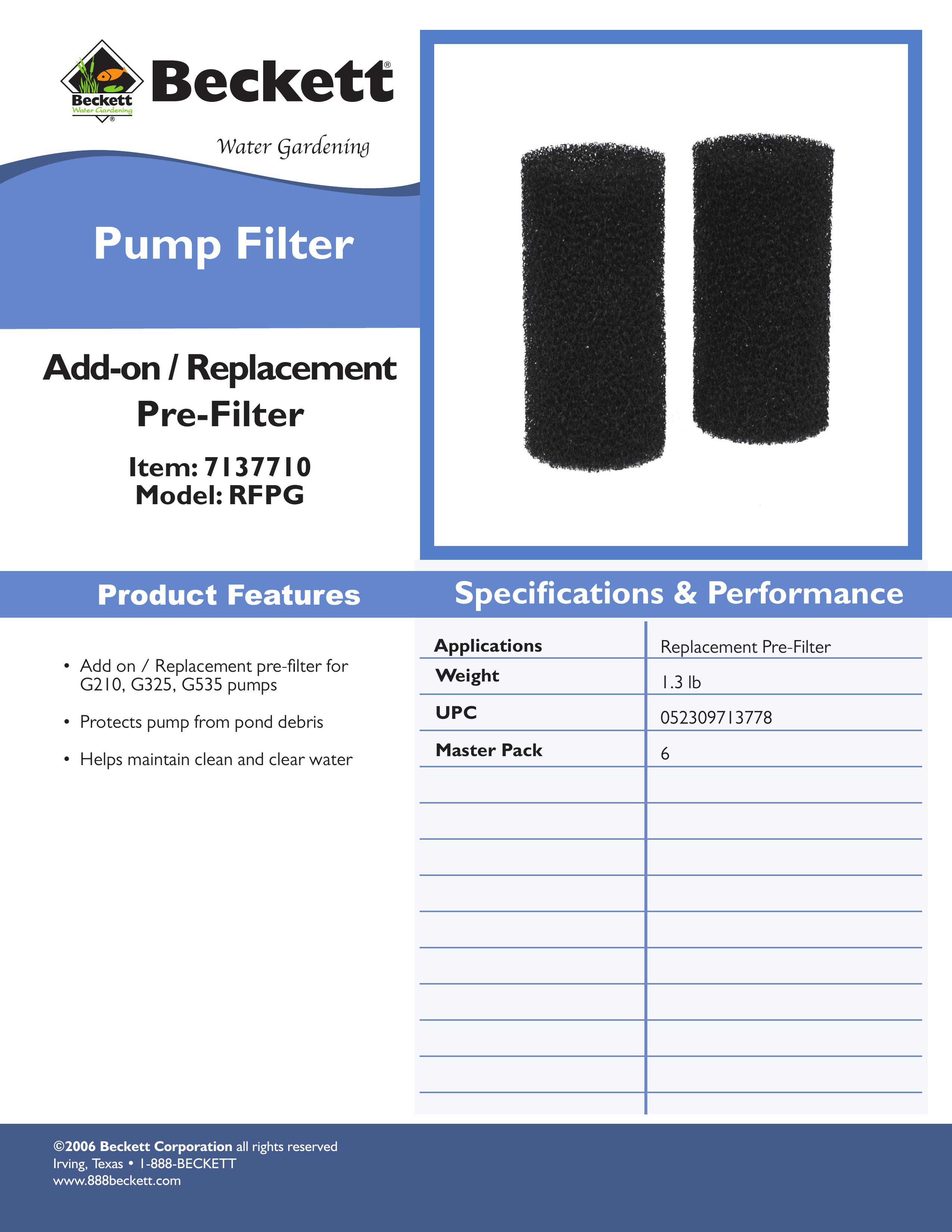 Beckett Water Gardening RFPG Water Dispenser User Manual