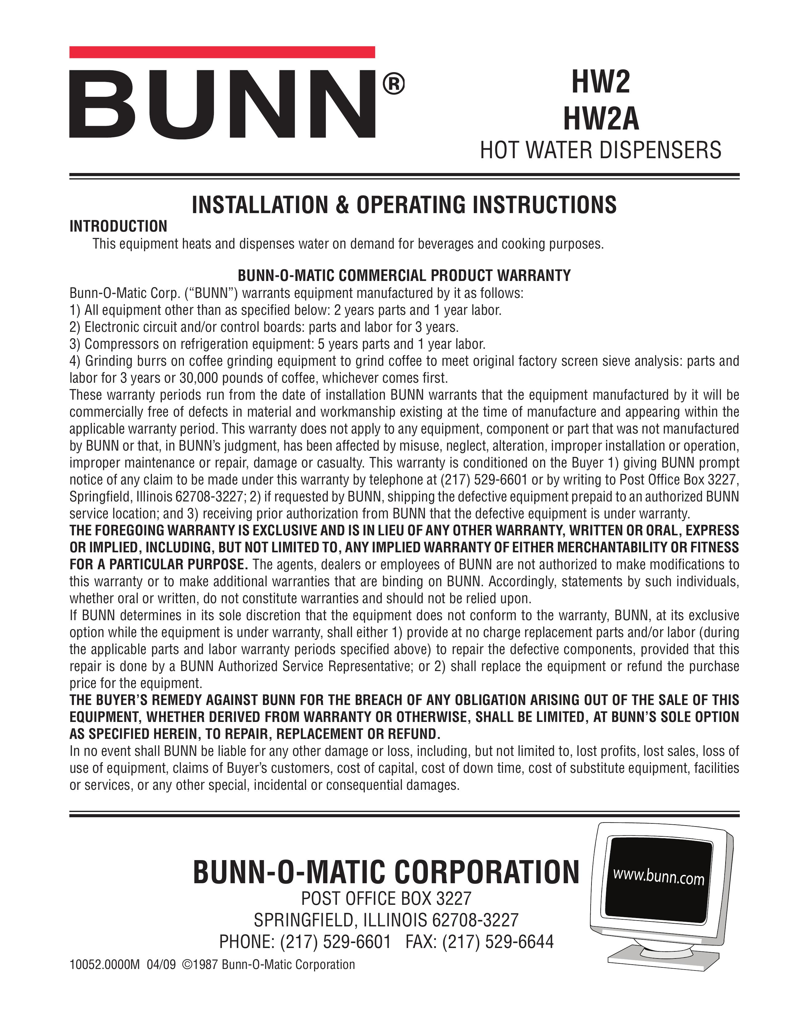 Bunn HW2A Water Dispenser User Manual