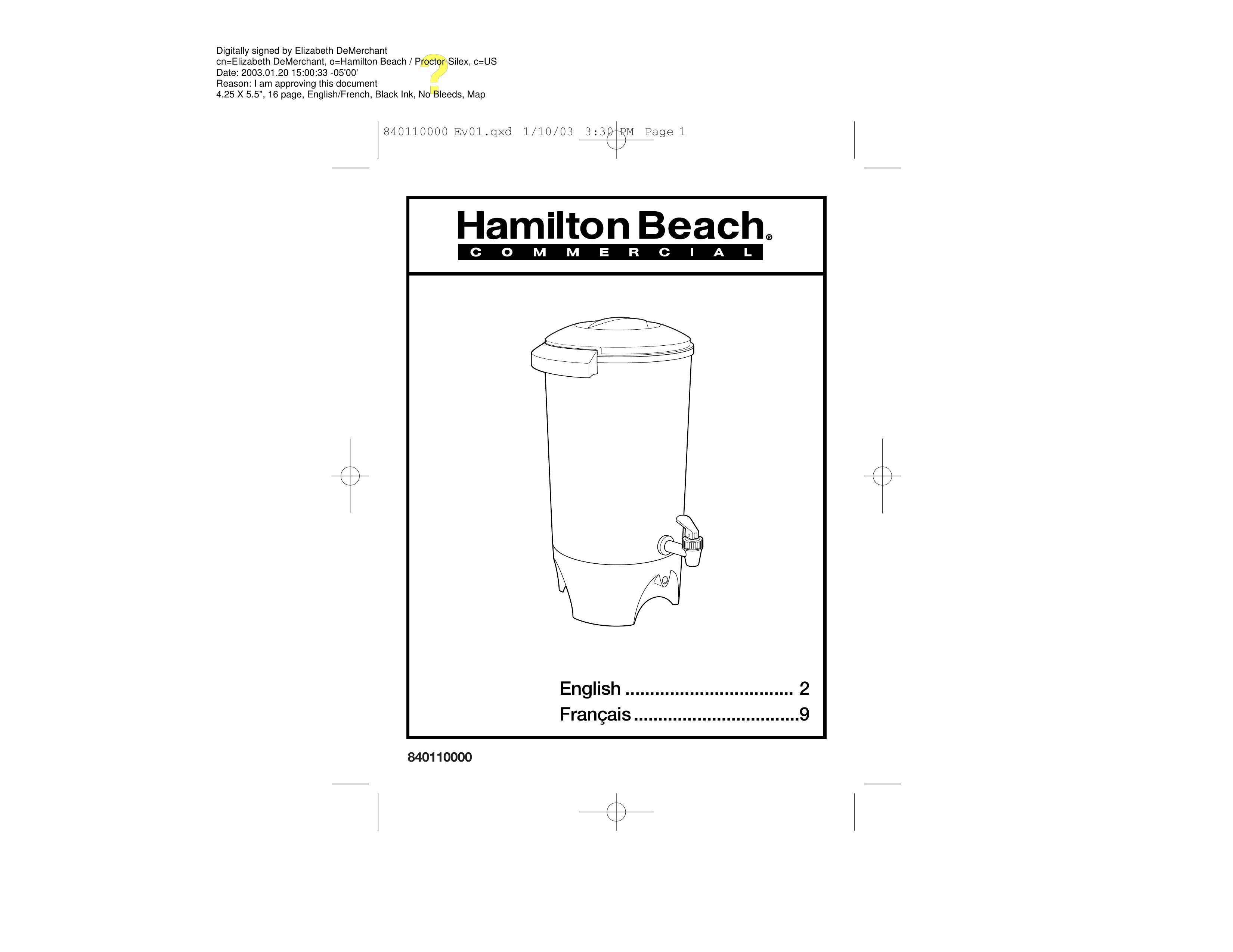 Hamilton Beach D50042 Water Dispenser User Manual