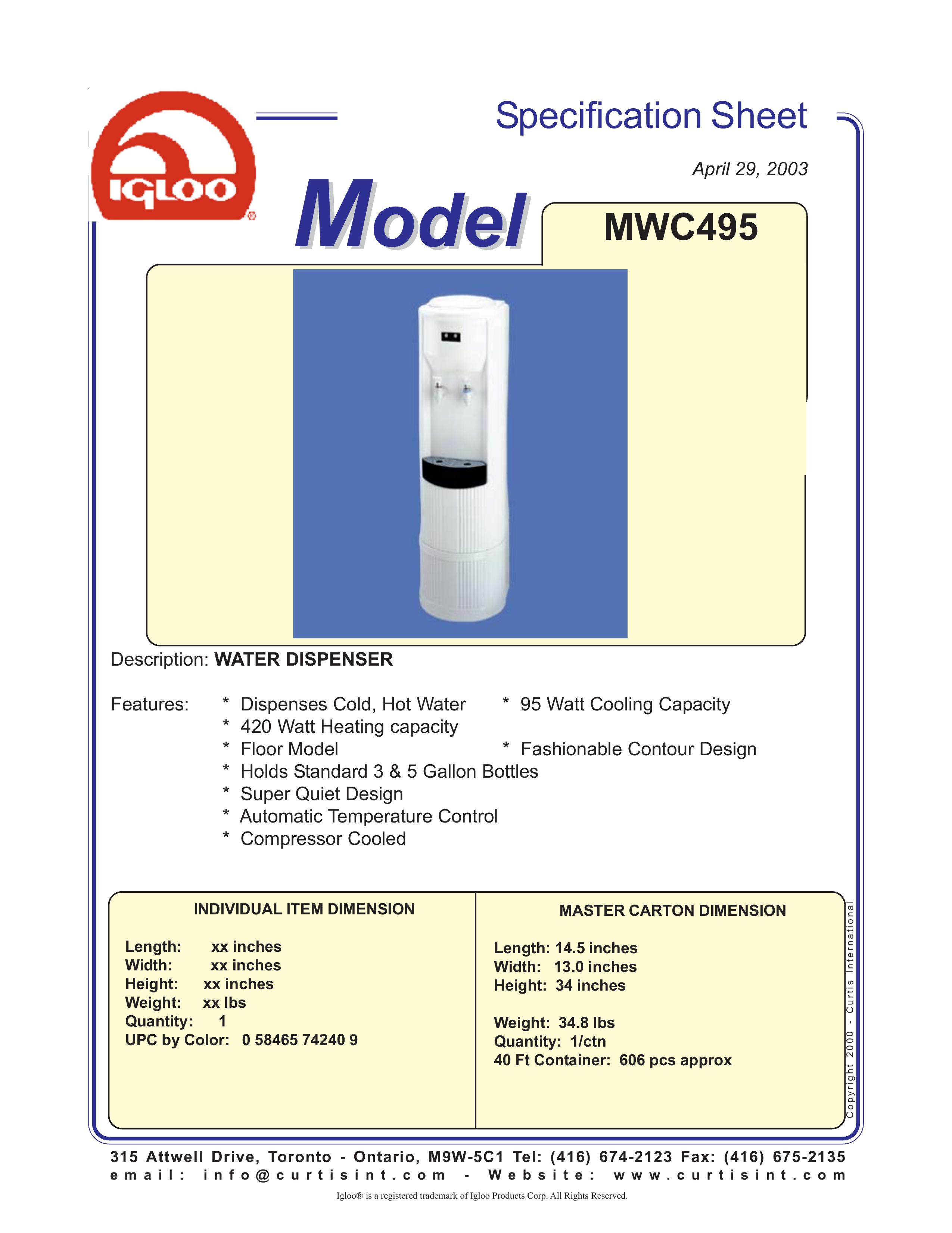 Igloo MWC495 Water Dispenser User Manual