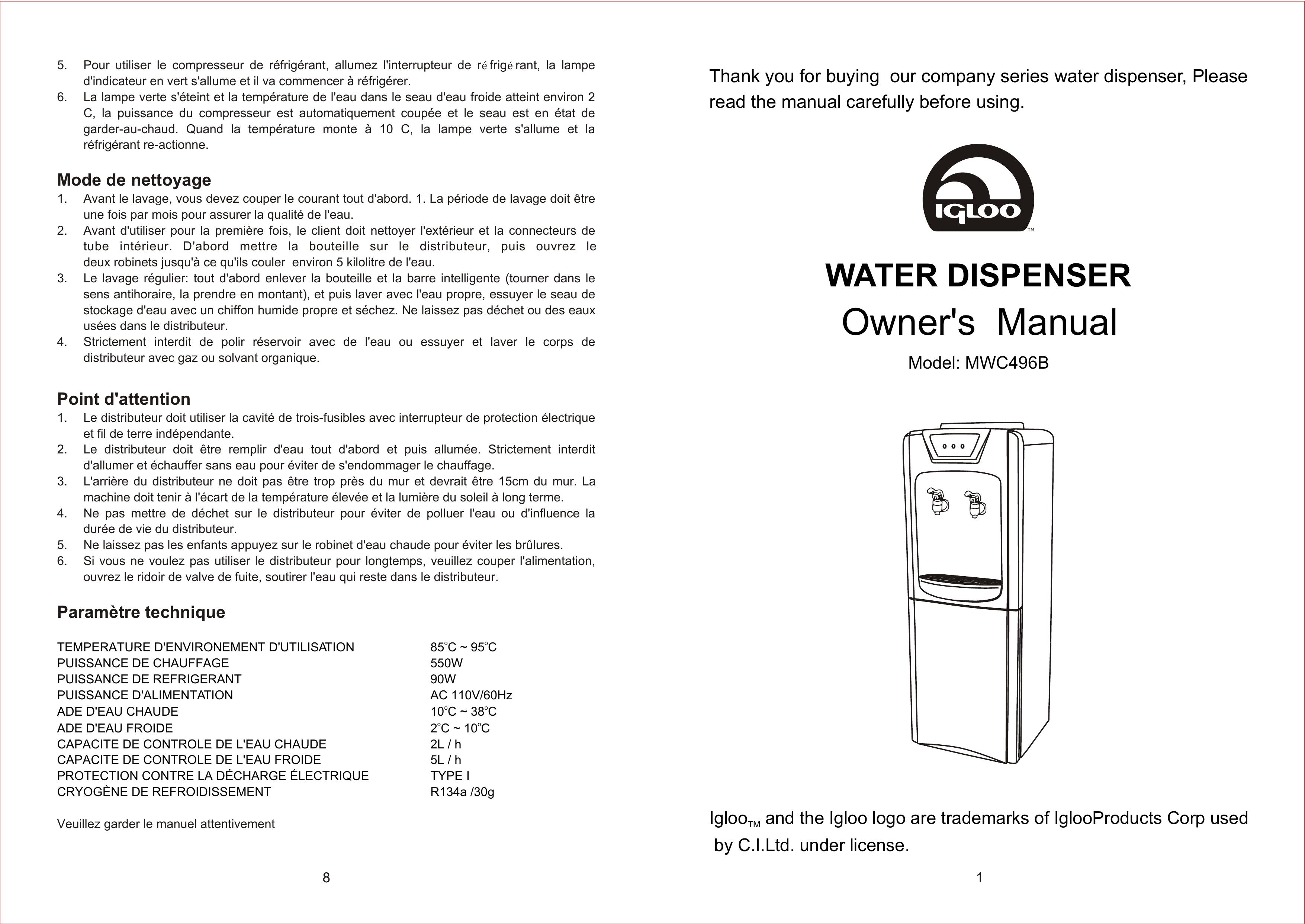 Igloo MWC496B Water Dispenser User Manual