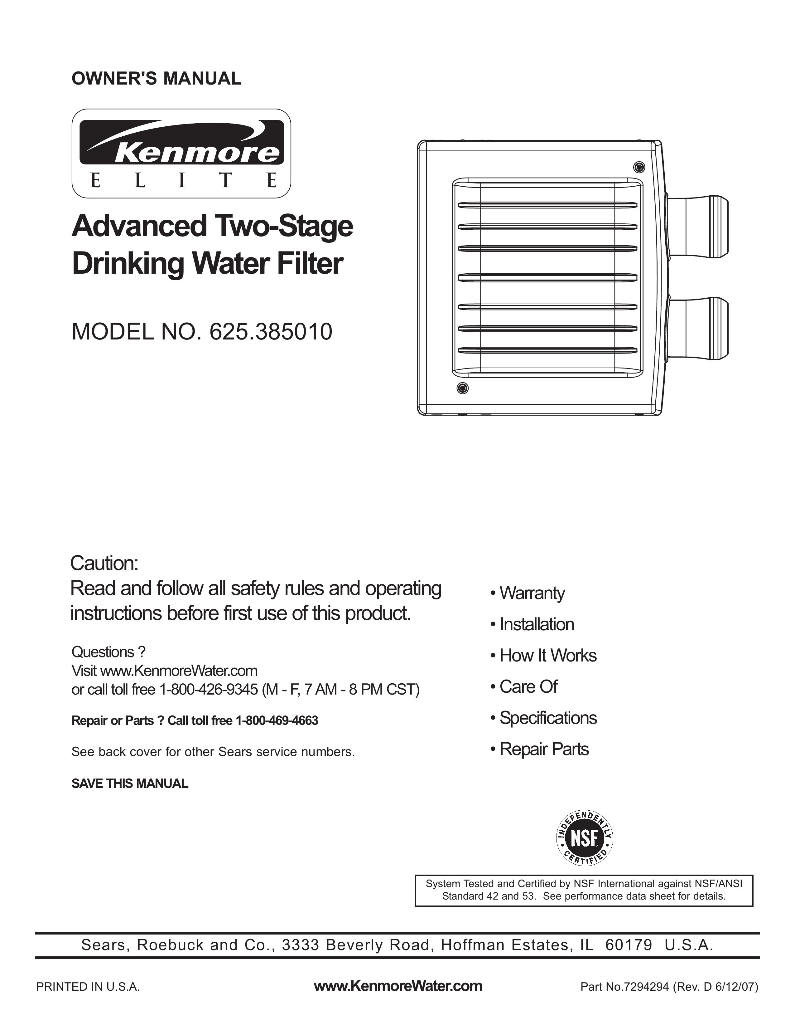 Kenmore 625.38501 Water Dispenser User Manual