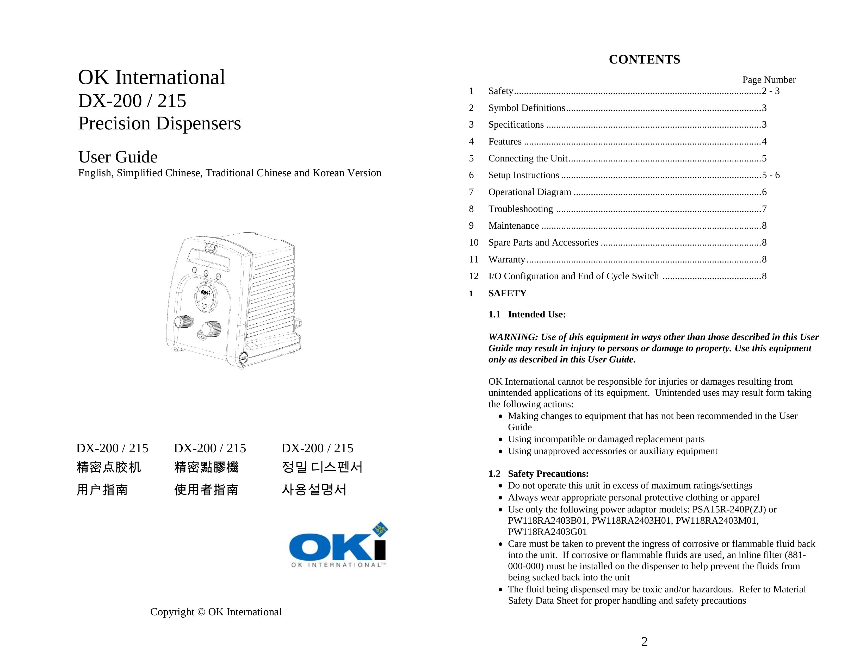 OK International DX-200/215 Water Dispenser User Manual
