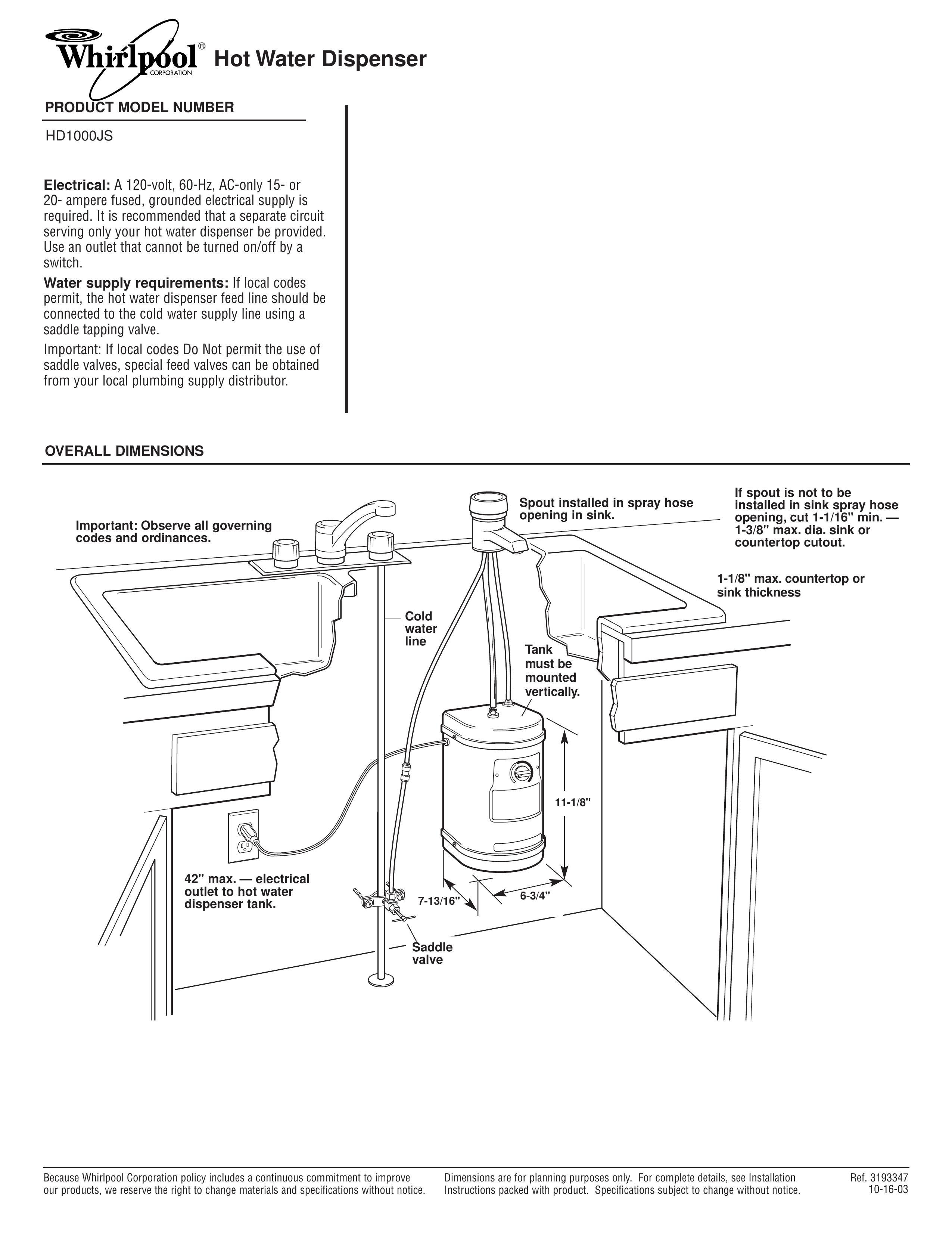 Whirlpool HD1000JS Water Dispenser User Manual