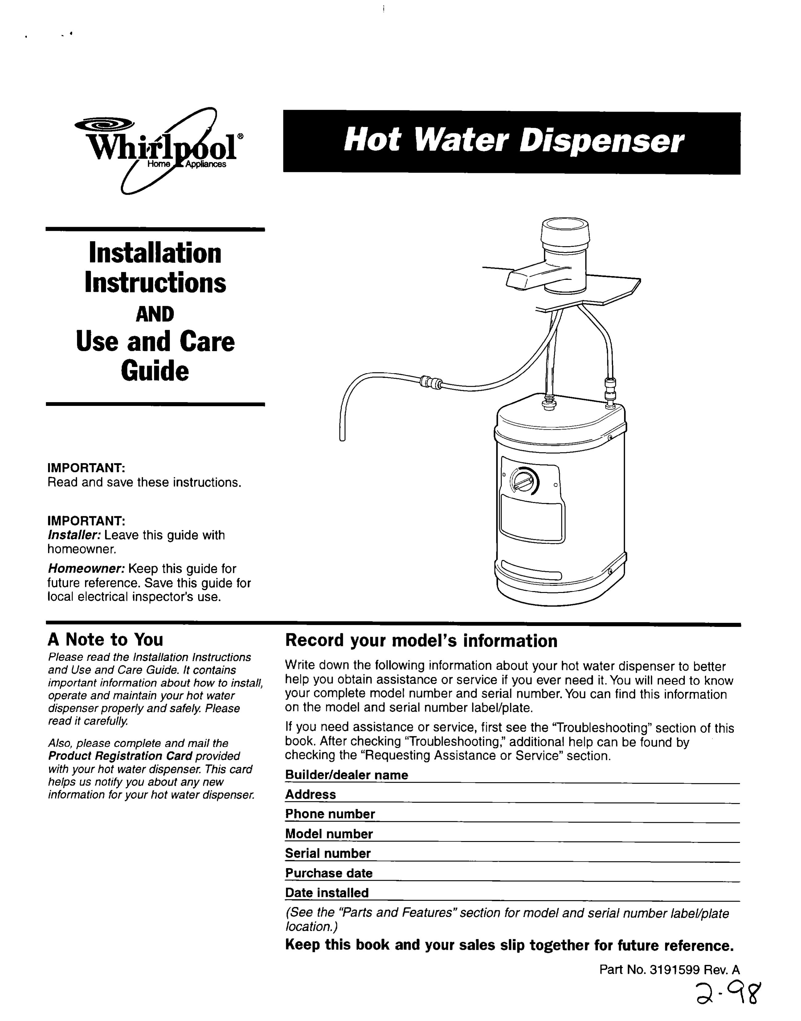 Whirlpool HD1000XSC7 Water Dispenser User Manual