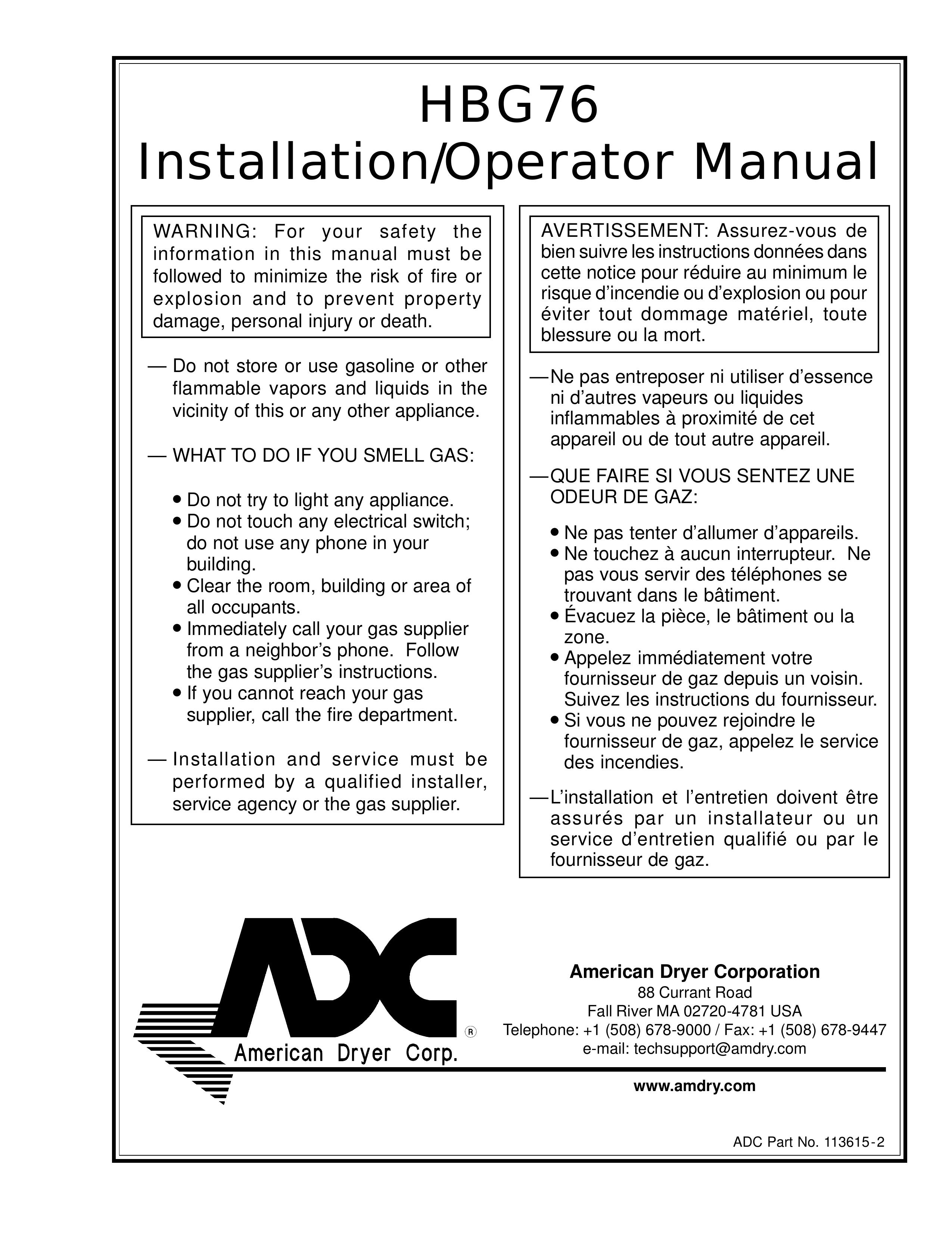 ADC HBG76 Clothes Dryer User Manual
