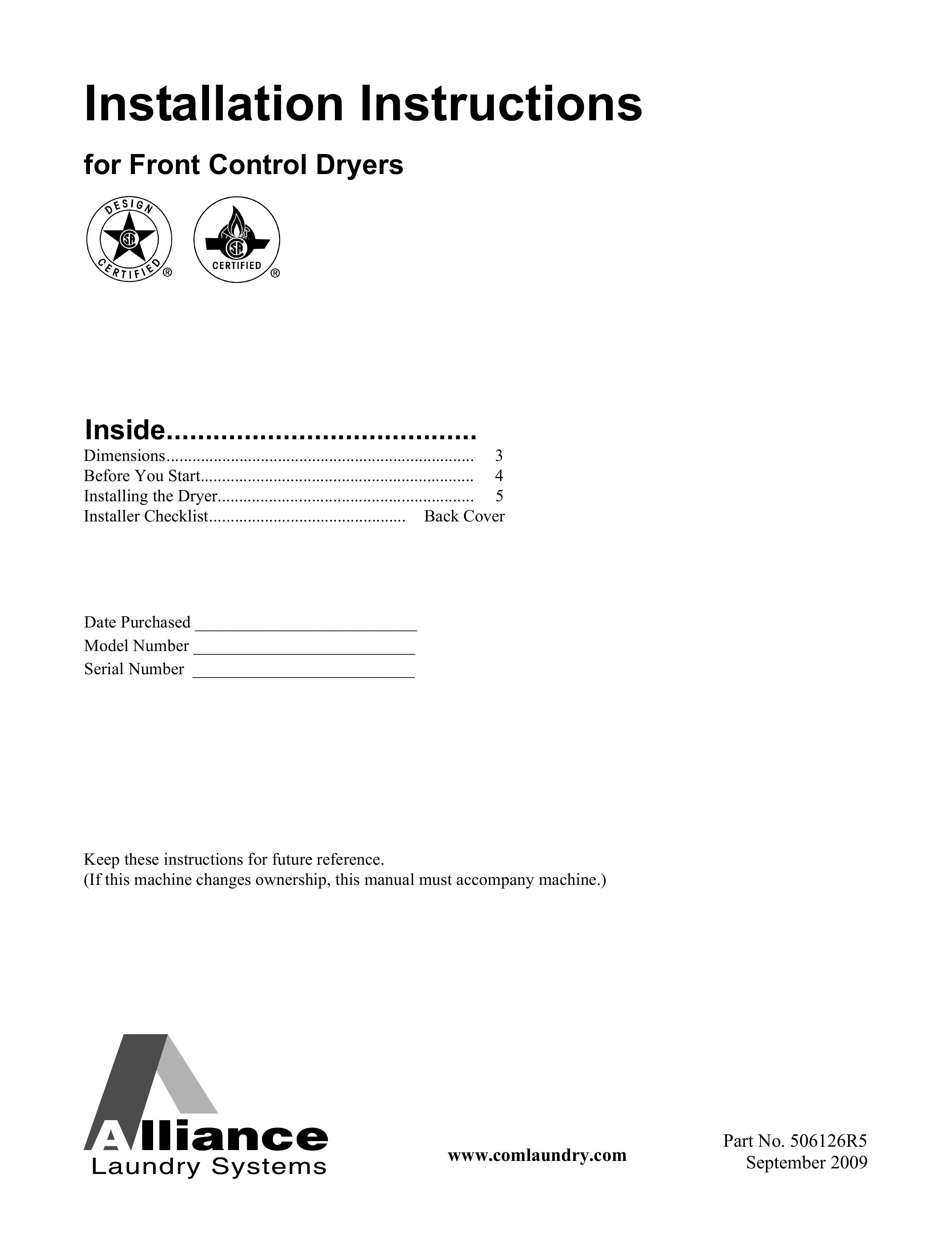 Alliance Laundry Systems Clothes Dryer Clothes Dryer User Manual