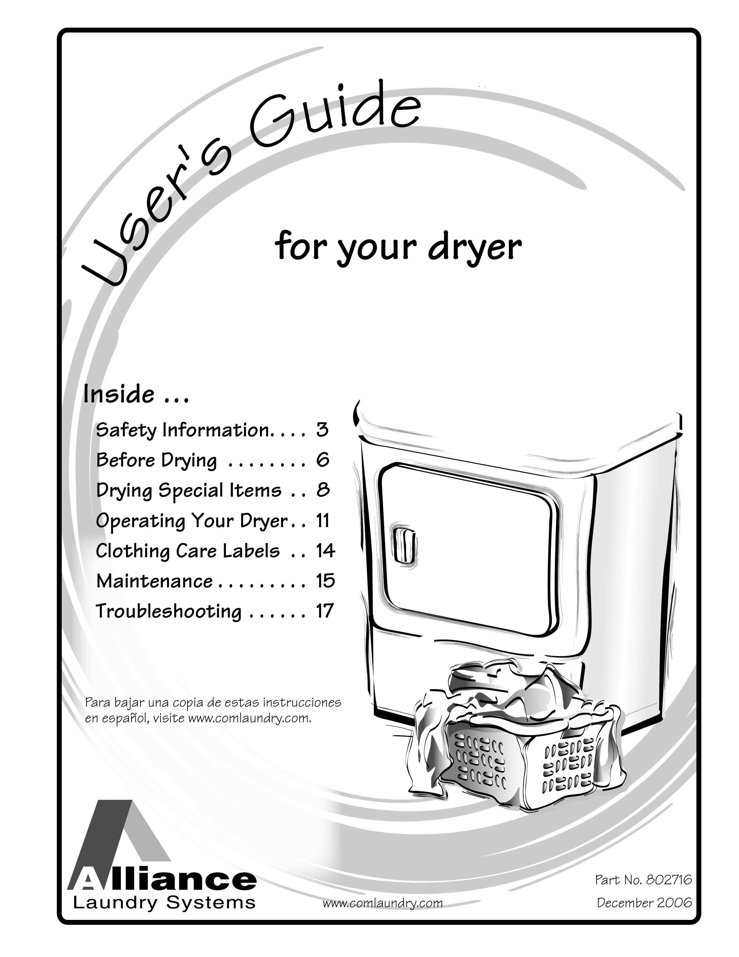 Alliance Laundry Systems DRY2024N Clothes Dryer User Manual
