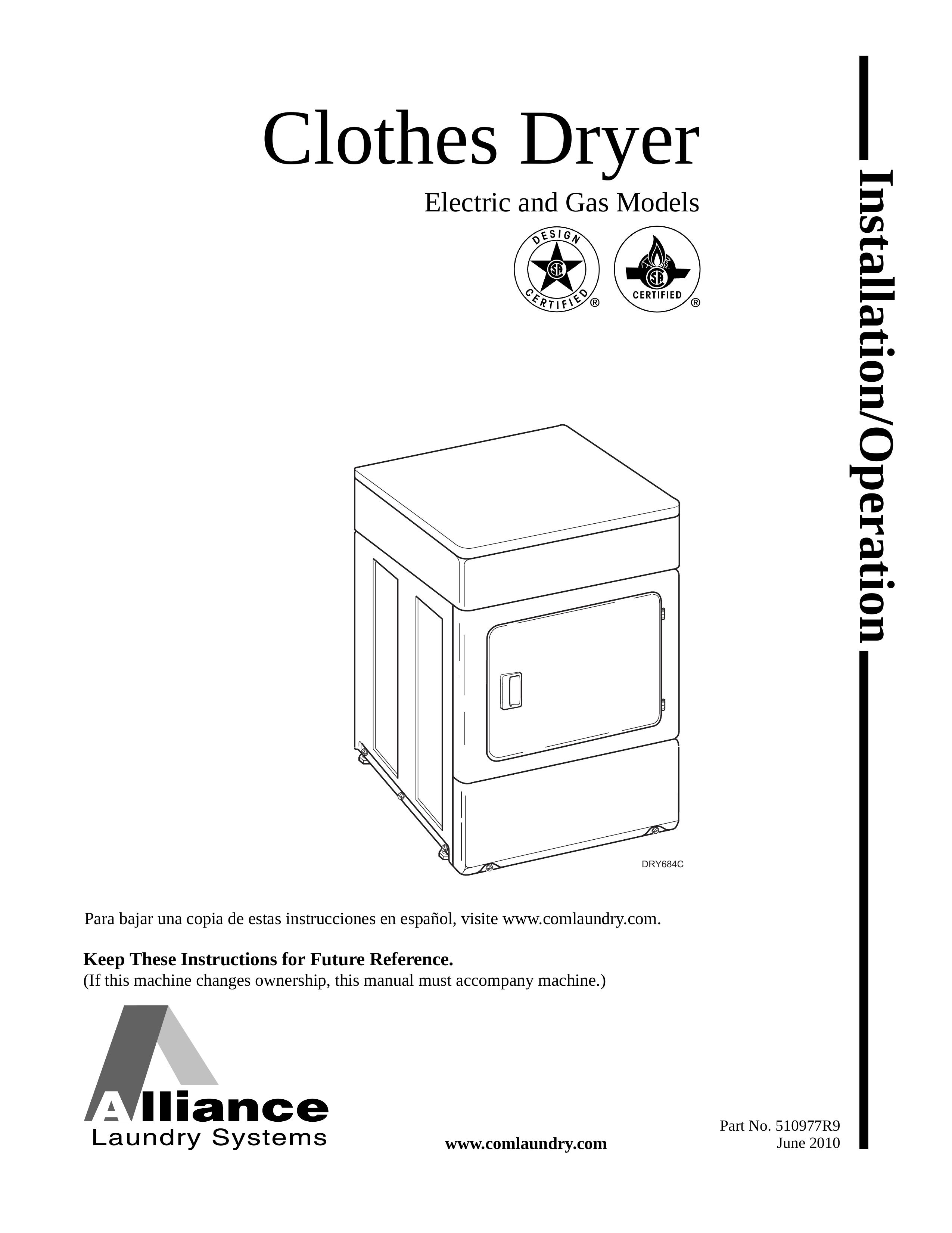 Alliance Laundry Systems DRY684C Clothes Dryer User Manual