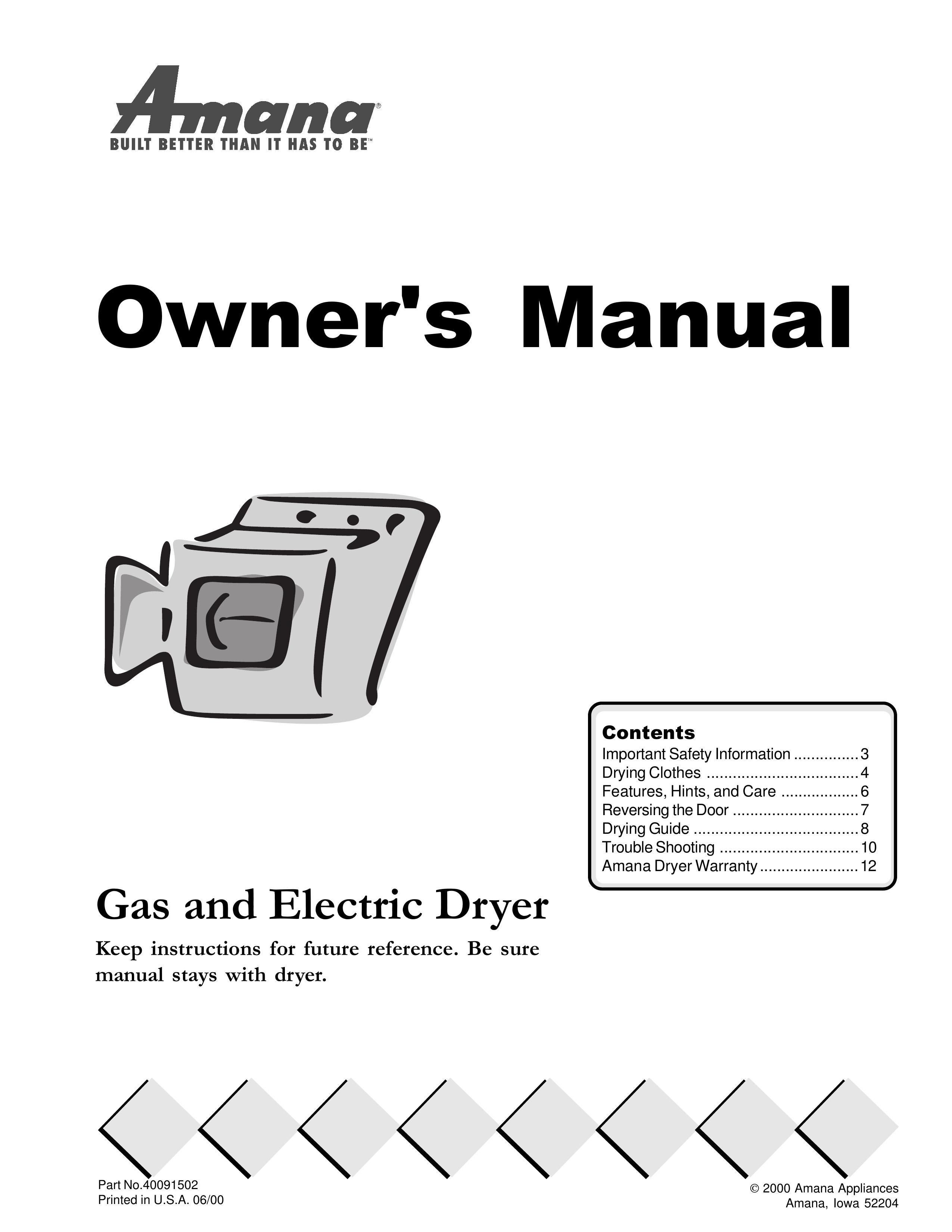 Amana 40091502 Clothes Dryer User Manual