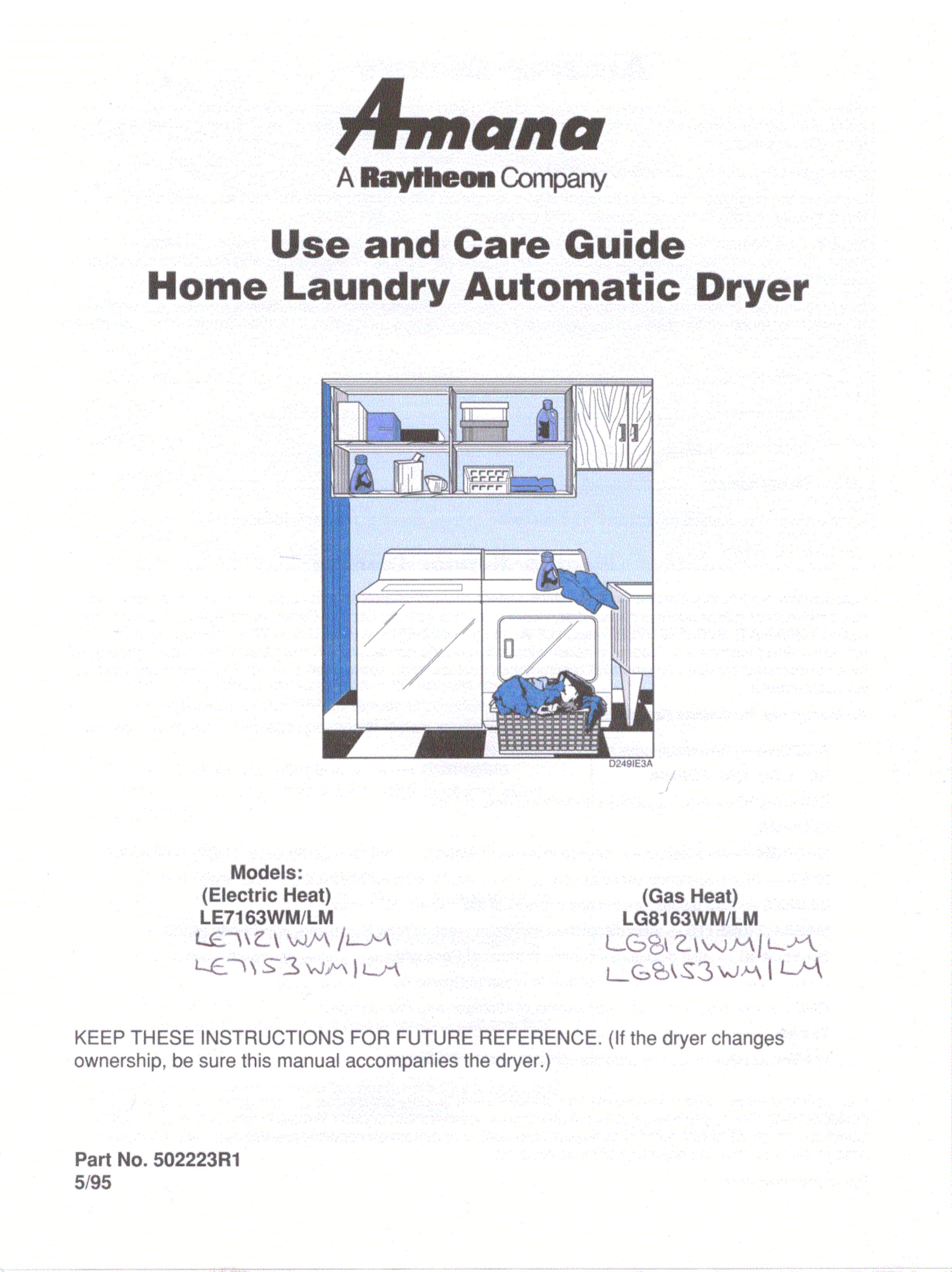 Amana LE7163WM/LM Clothes Dryer User Manual