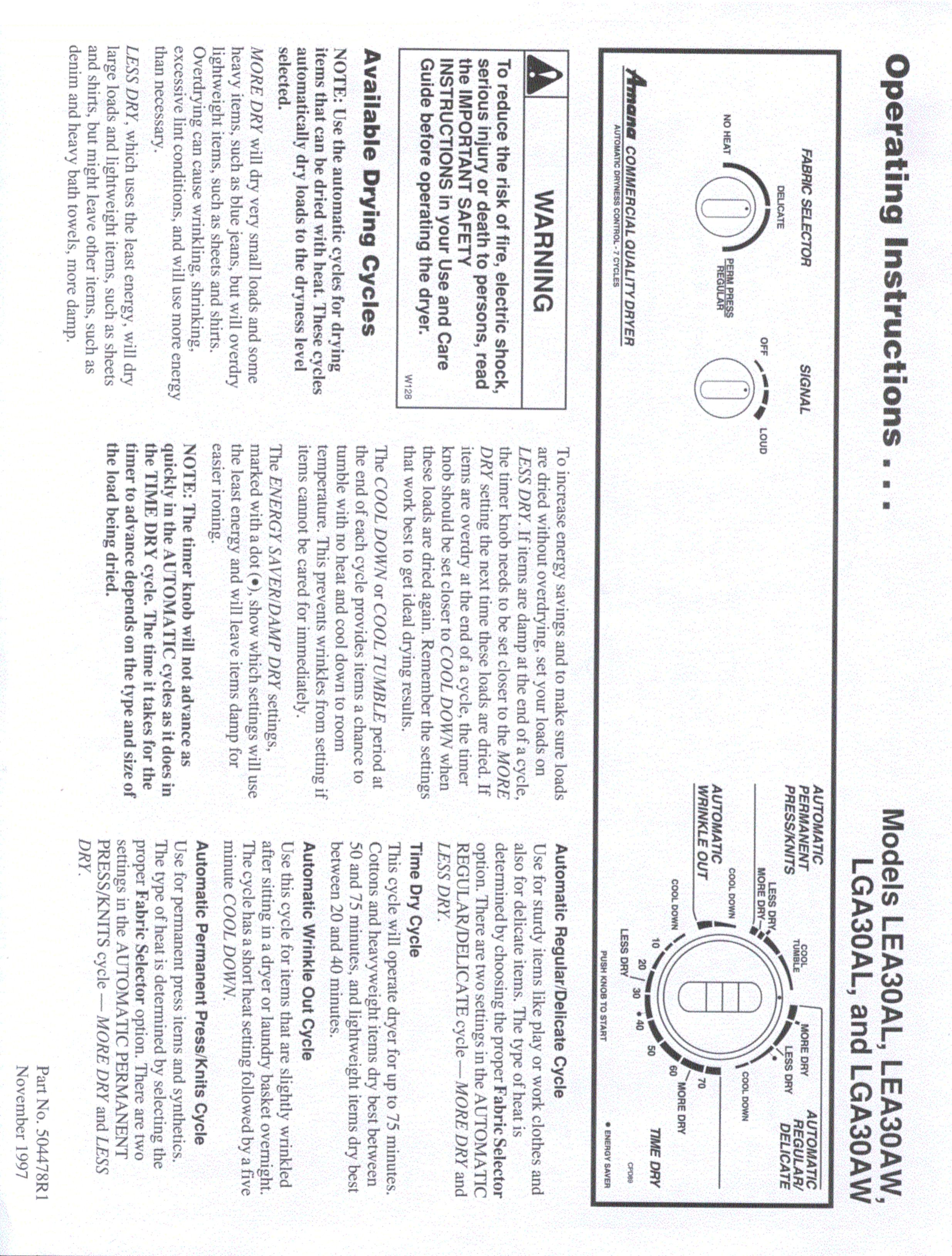 Amana LEA30AL Clothes Dryer User Manual
