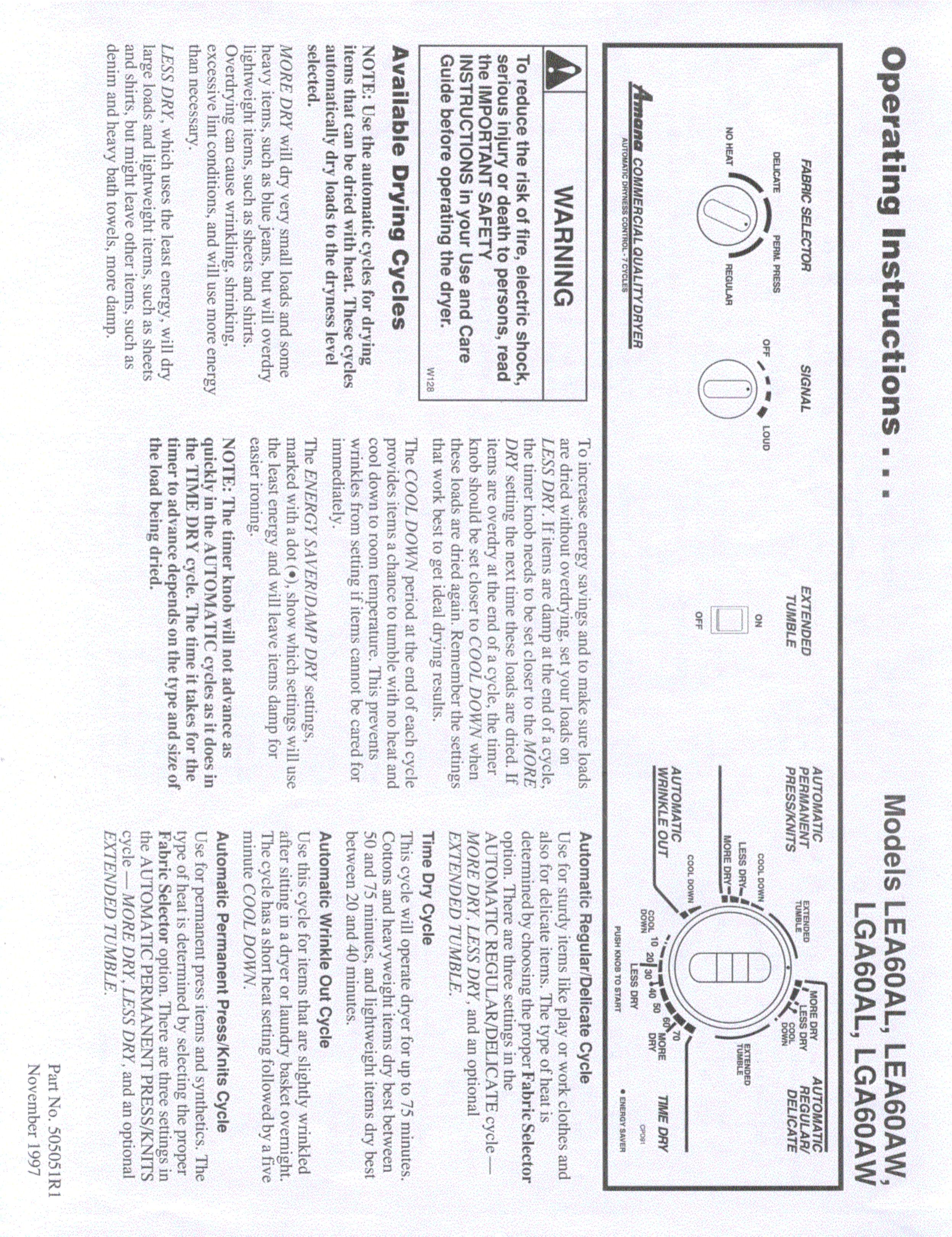 Amana LEA60AL Clothes Dryer User Manual